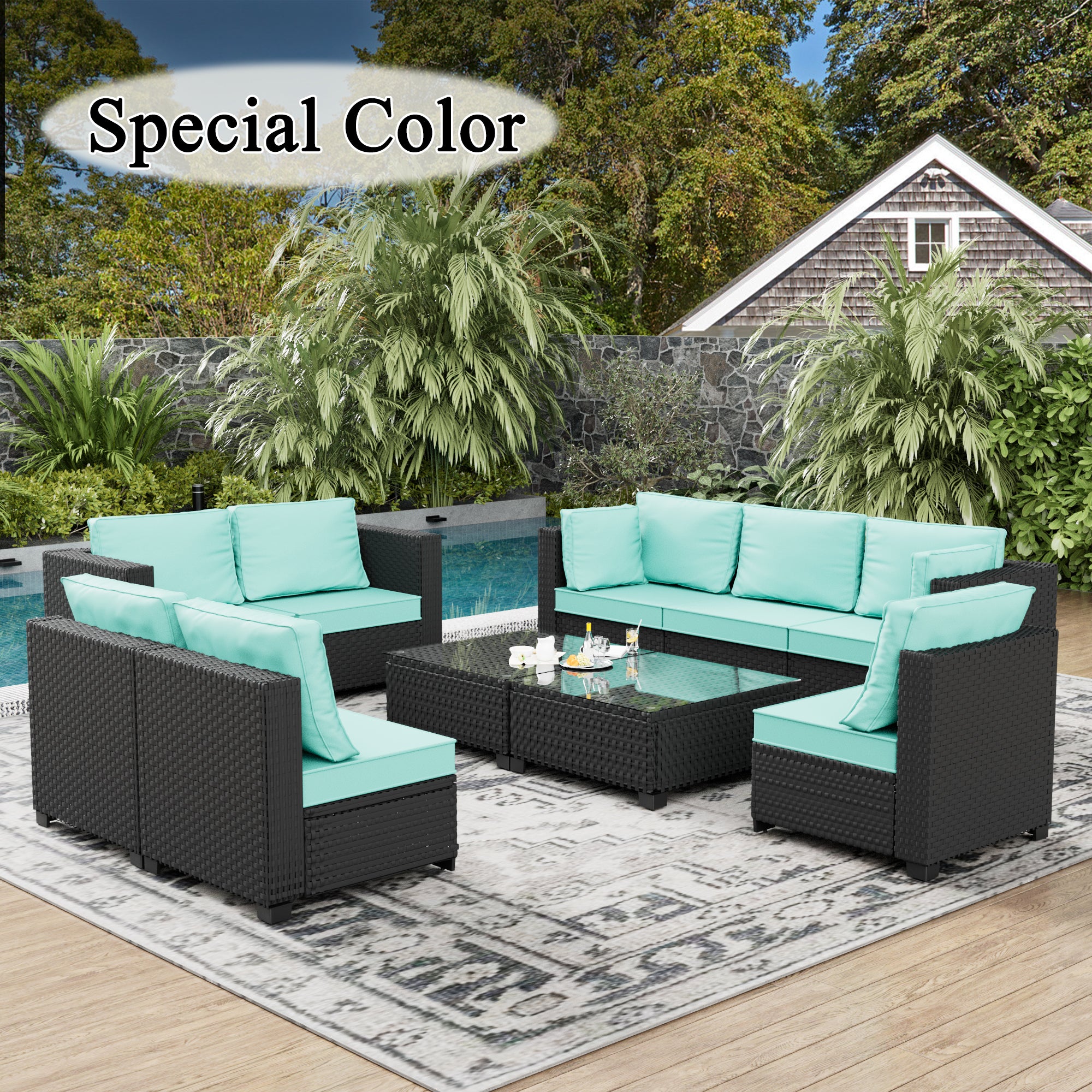 Ark Design 10-Piece Rattan Wicker Outdoor Patio Conversation SofaSeating Set with Coffee Table, Green Cushions with Sofa Protection Cover Option