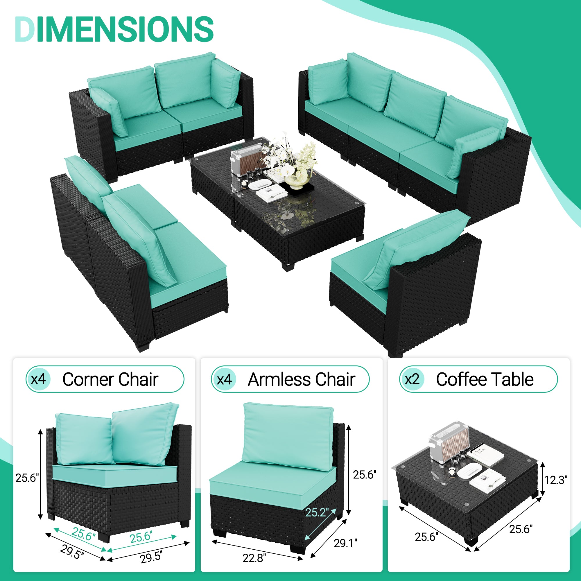 Ark Design 10-Piece Rattan Wicker Outdoor Patio Conversation SofaSeating Set with Coffee Table, Green Cushions with Sofa Protection Cover Option