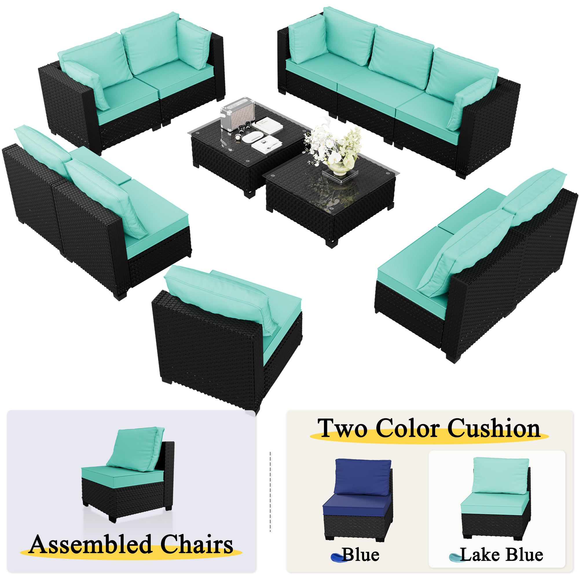 Ark Design 12-Piece Rattan Wicker Outdoor Patio Conversation SofaSeating Set with Coffee Table, Green Cushions with Sofa Protection Cover Option