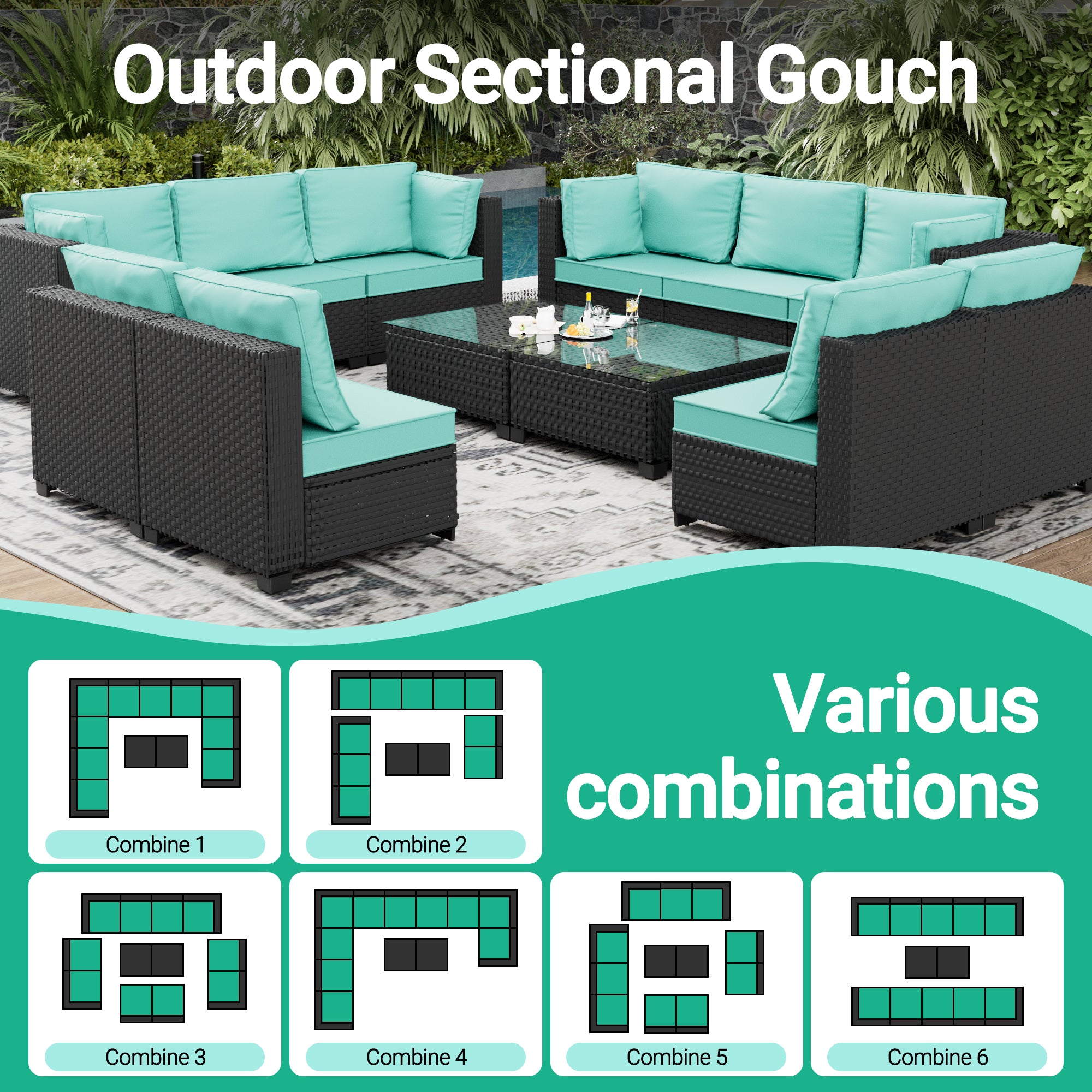 Ark Design 12-Piece Rattan Wicker Outdoor Patio Conversation SofaSeating Set with Coffee Table, Green Cushions with Sofa Protection Cover Option