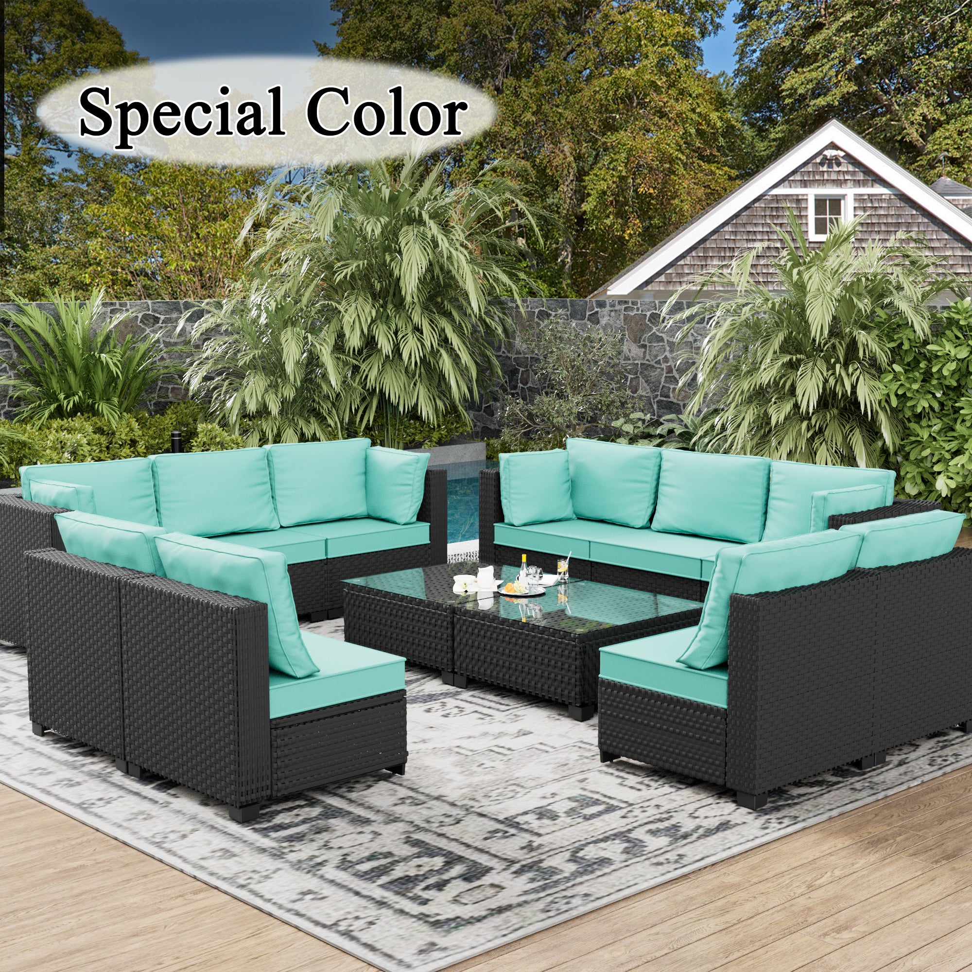 Ark Design 12-Piece Rattan Wicker Outdoor Patio Conversation SofaSeating Set with Coffee Table, Green Cushions with Sofa Protection Cover Option