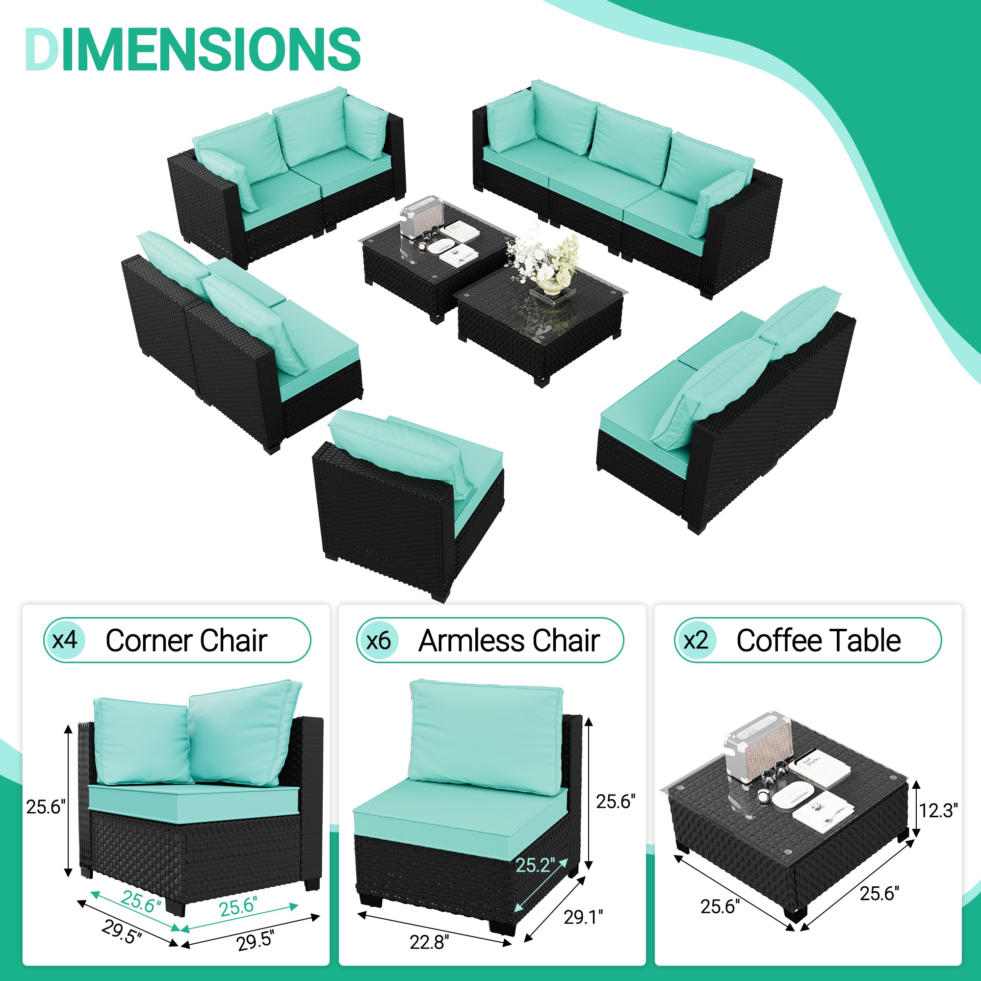 Ark Design 12-Piece Rattan Wicker Outdoor Patio Conversation SofaSeating Set with Coffee Table, Green Cushions with Sofa Protection Cover Option