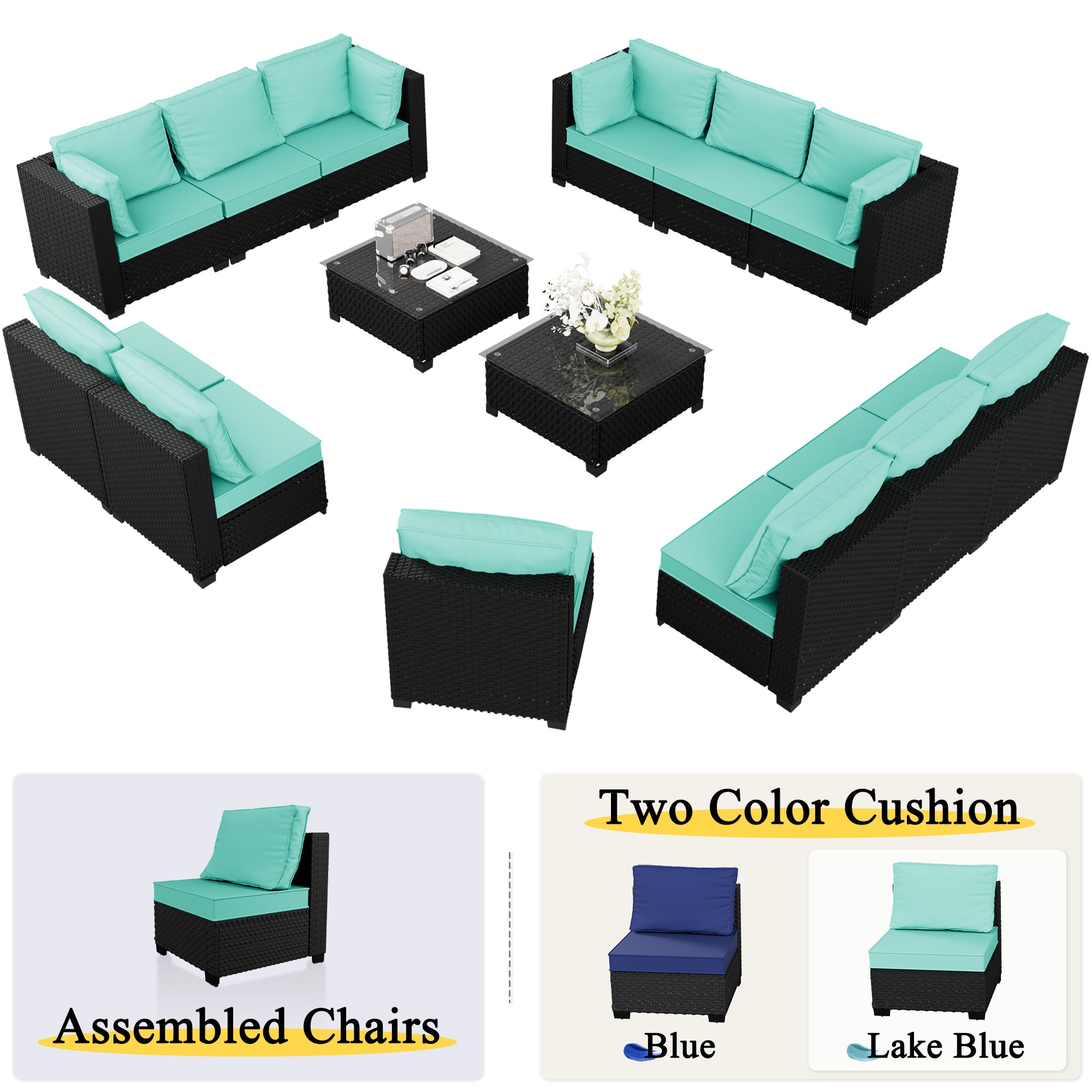 Ark Design 14-Piece Rattan Wicker Outdoor Patio Conversation SofaSeating Set with Coffee Table, Green Cushions with Sofa Protection Cover Option