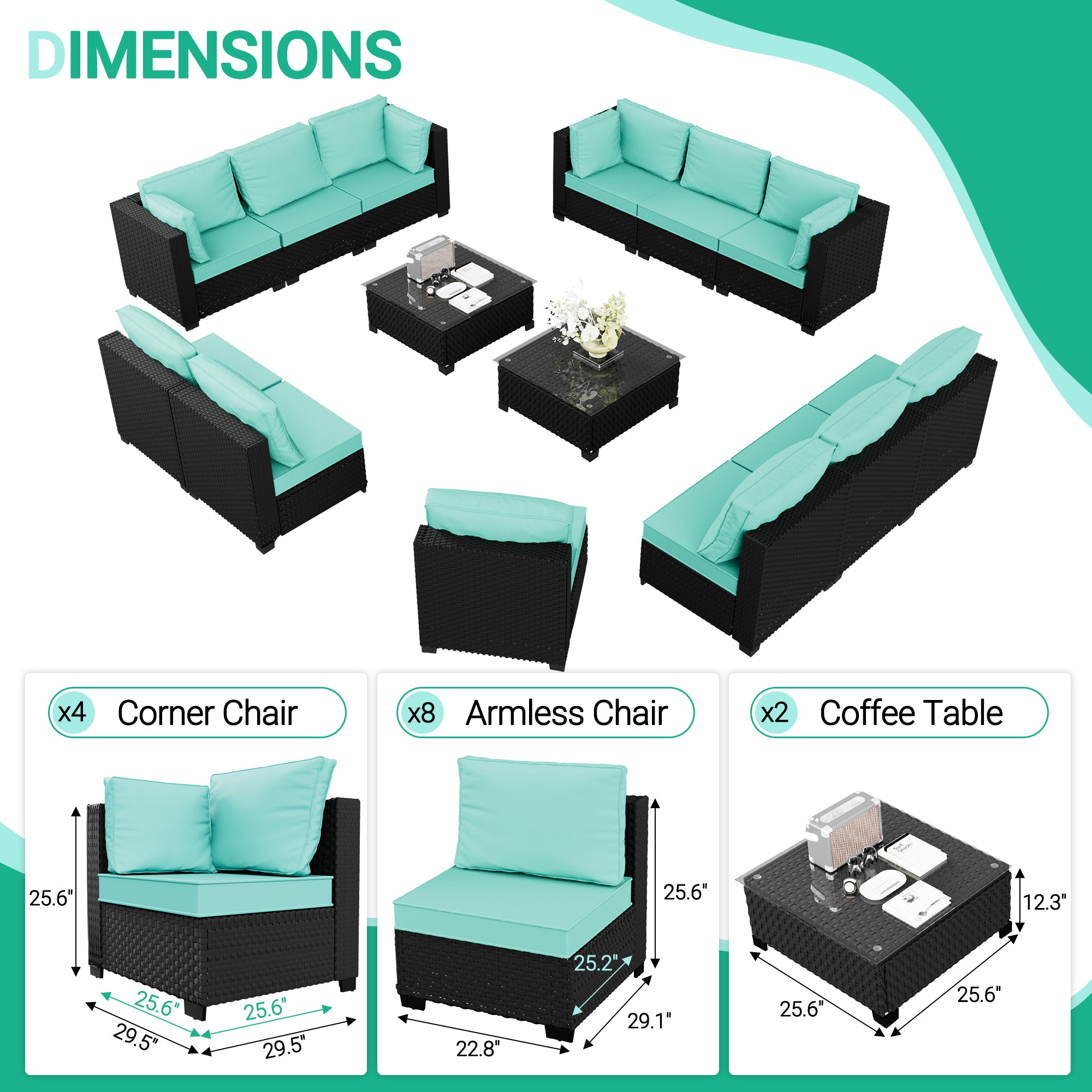 Ark Design 14-Piece Rattan Wicker Outdoor Patio Conversation SofaSeating Set with Coffee Table, Green Cushions with Sofa Protection Cover Option