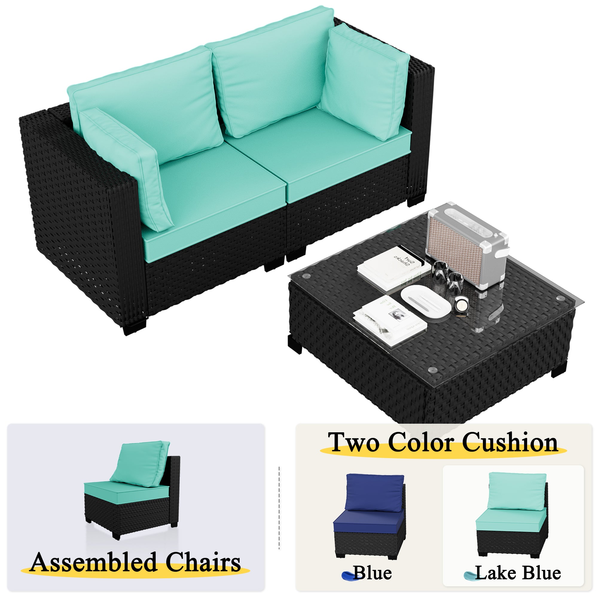 Ark Design 3-Piece Rattan Wicker Outdoor Patio Conversation SofaSeating Set with Coffee Table, Green Cushions with Sofa Protection Cover Option