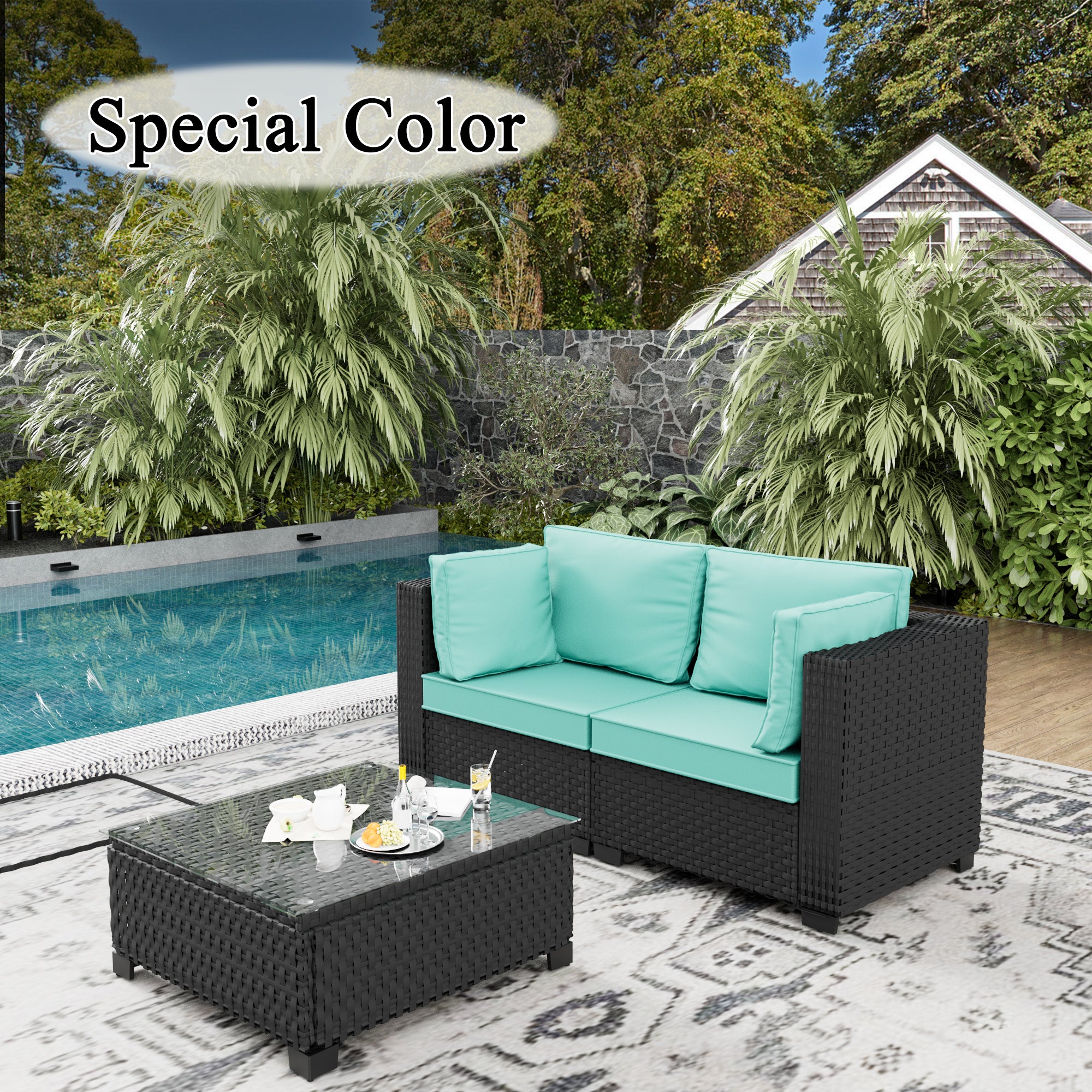 Ark Design 3-Piece Rattan Wicker Outdoor Patio Conversation SofaSeating Set with Coffee Table, Green Cushions with Sofa Protection Cover Option