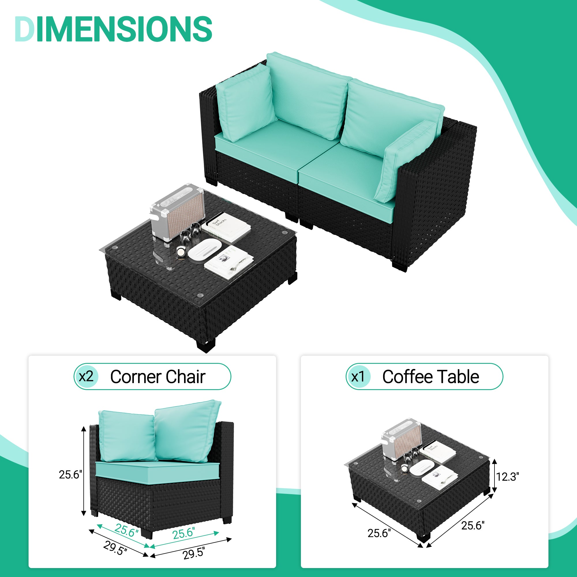 Ark Design 3-Piece Rattan Wicker Outdoor Patio Conversation SofaSeating Set with Coffee Table, Green Cushions with Sofa Protection Cover Option