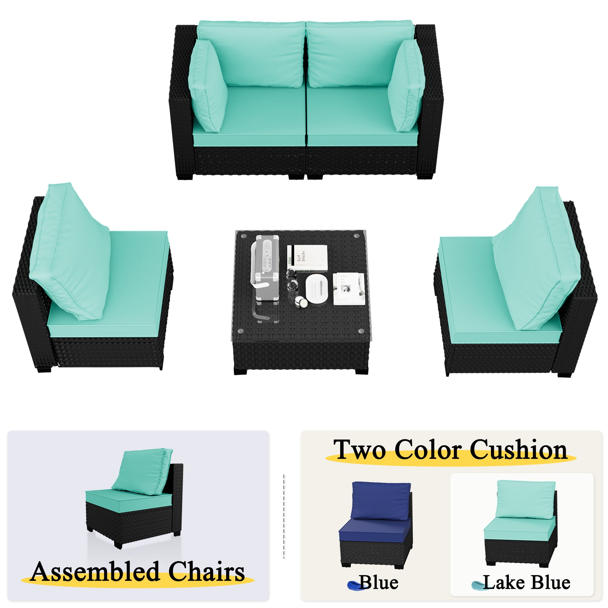 Ark Design 5-Piece Rattan Wicker Outdoor Patio Conversation SofaSeating Set with Coffee Table, Green Cushions with Sofa Protection Cover Option