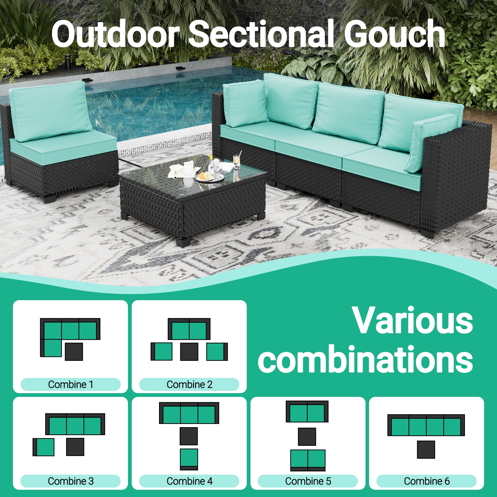Ark Design 5-Piece Rattan Wicker Outdoor Patio Conversation SofaSeating Set with Coffee Table, Green Cushions with Sofa Protection Cover Option