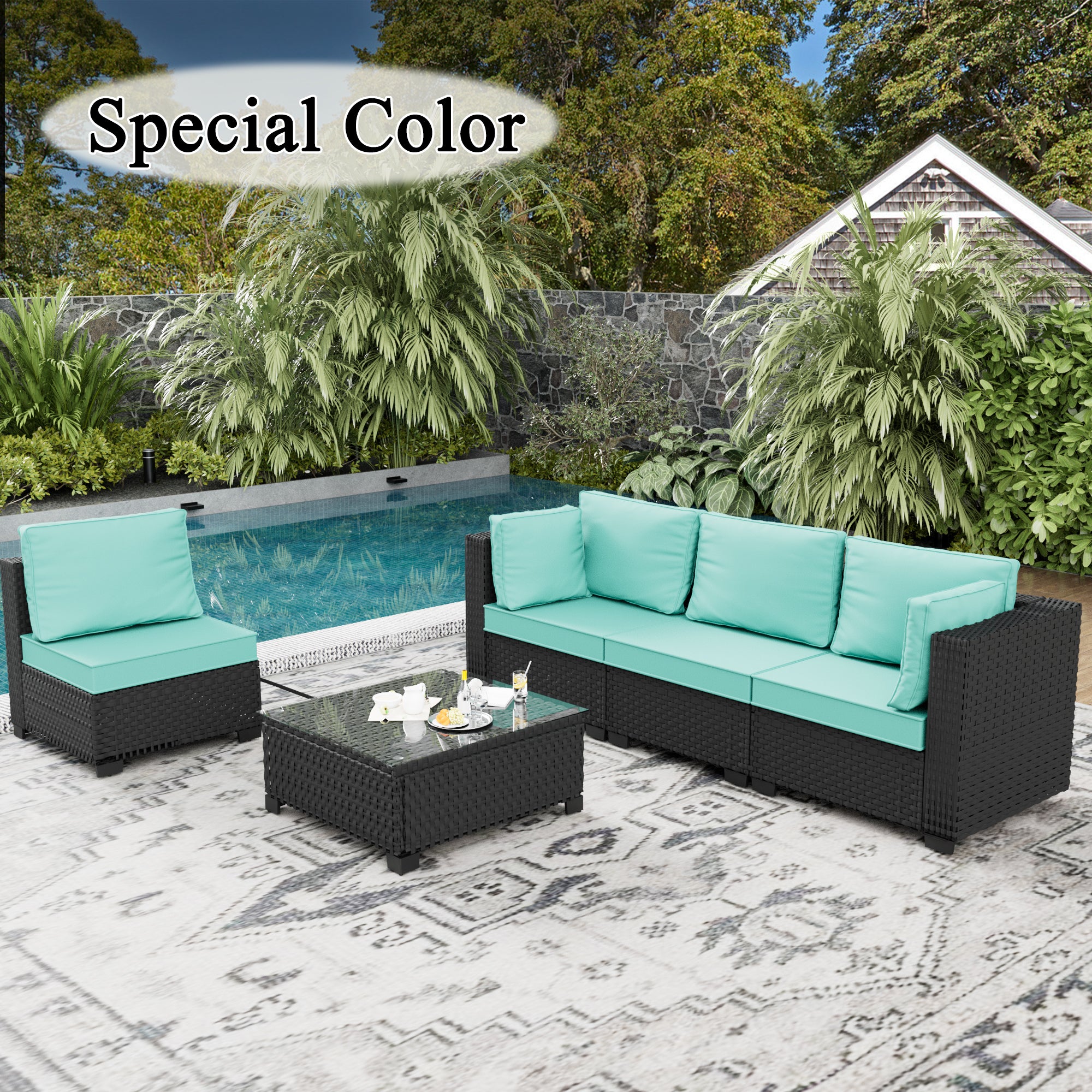 Ark Design 5-Piece Rattan Wicker Outdoor Patio Conversation SofaSeating Set with Coffee Table, Green Cushions with Sofa Protection Cover Option