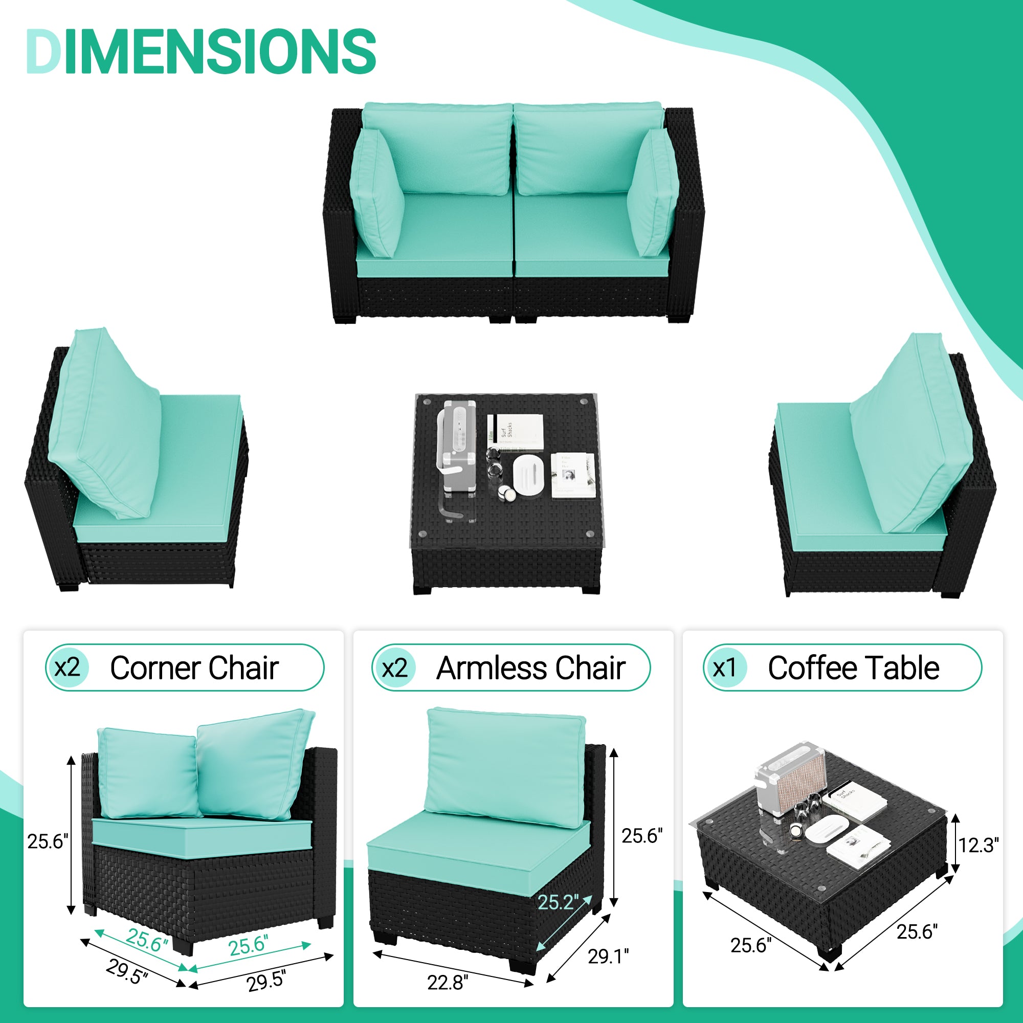 Ark Design 5-Piece Rattan Wicker Outdoor Patio Conversation SofaSeating Set with Coffee Table, Green Cushions with Sofa Protection Cover Option