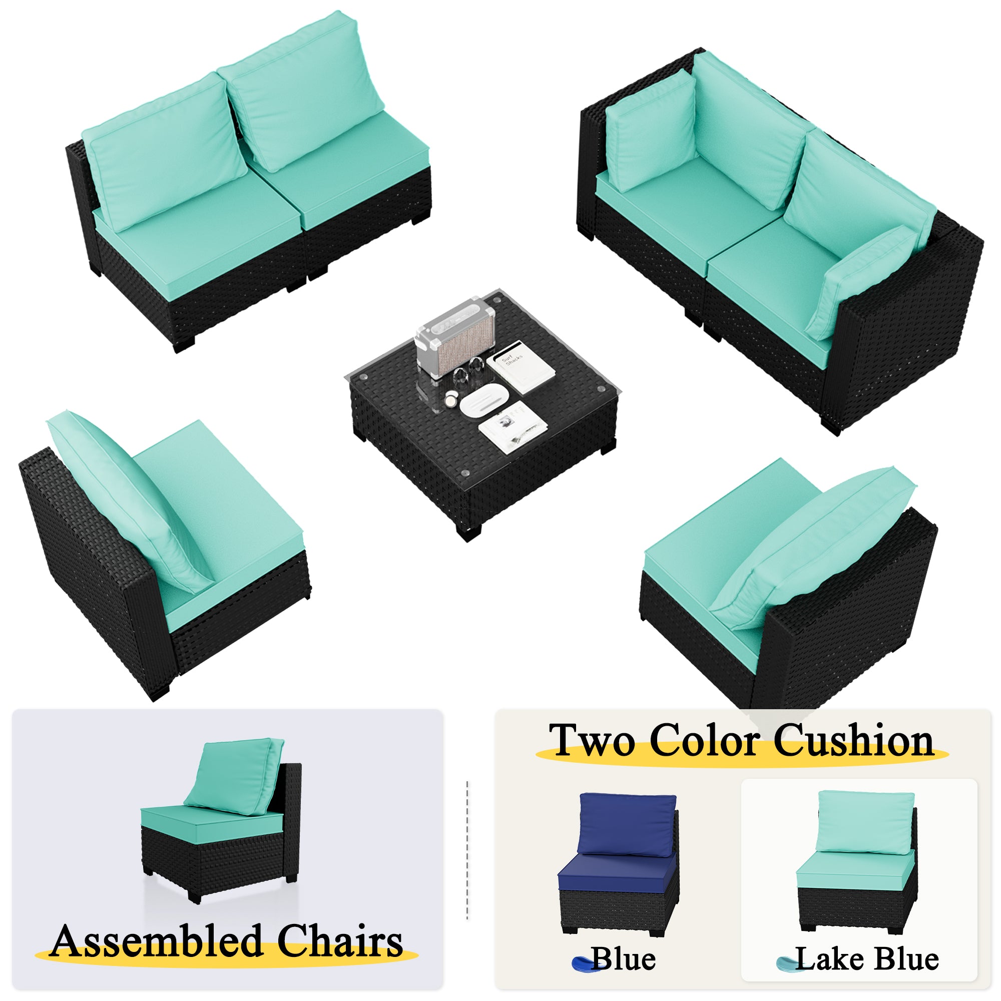 Ark Design 7-Piece Rattan Wicker Outdoor Patio Conversation SofaSeating Set with Coffee Table, Green Cushions with Sofa Protection Cover Option