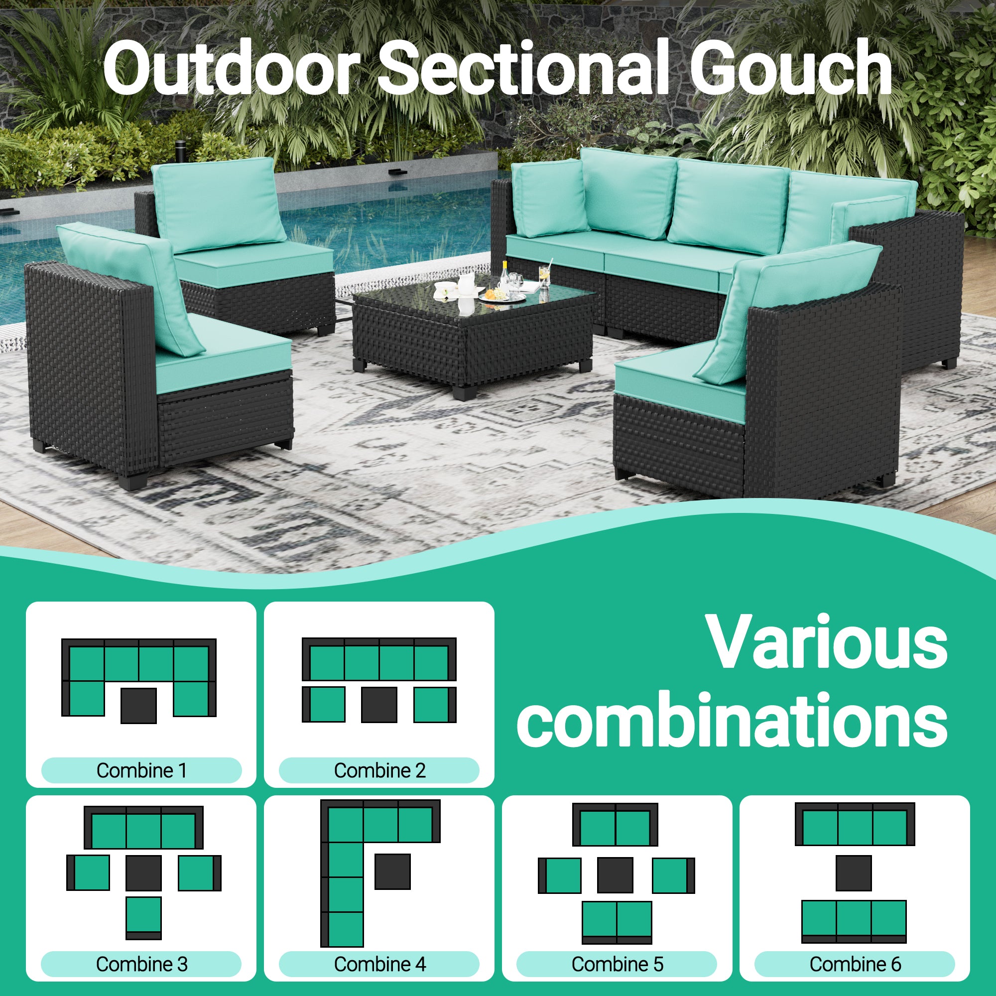 Ark Design 7-Piece Rattan Wicker Outdoor Patio Conversation SofaSeating Set with Coffee Table, Green Cushions with Sofa Protection Cover Option