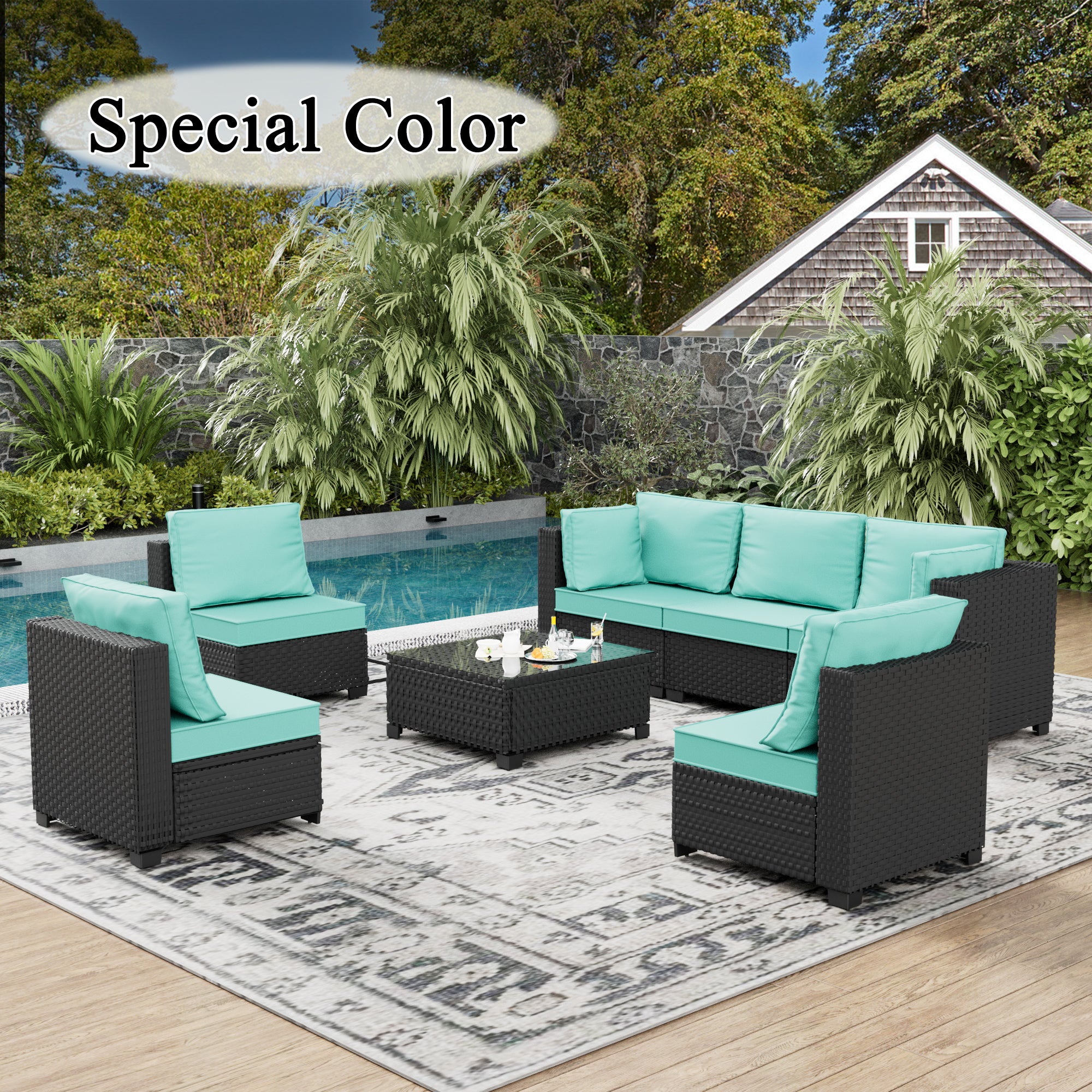 Ark Design 7-Piece Rattan Wicker Outdoor Patio Conversation SofaSeating Set with Coffee Table, Green Cushions with Sofa Protection Cover Option