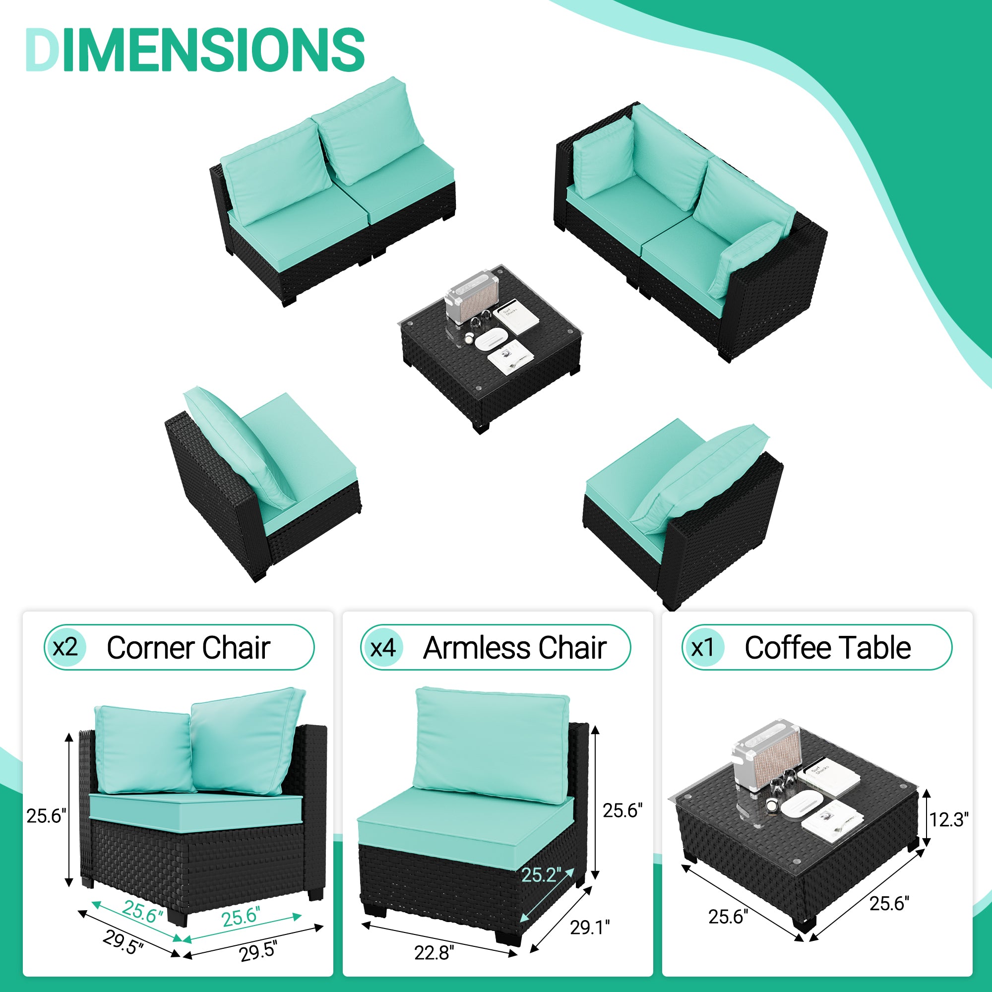 Ark Design 7-Piece Rattan Wicker Outdoor Patio Conversation SofaSeating Set with Coffee Table, Green Cushions with Sofa Protection Cover Option