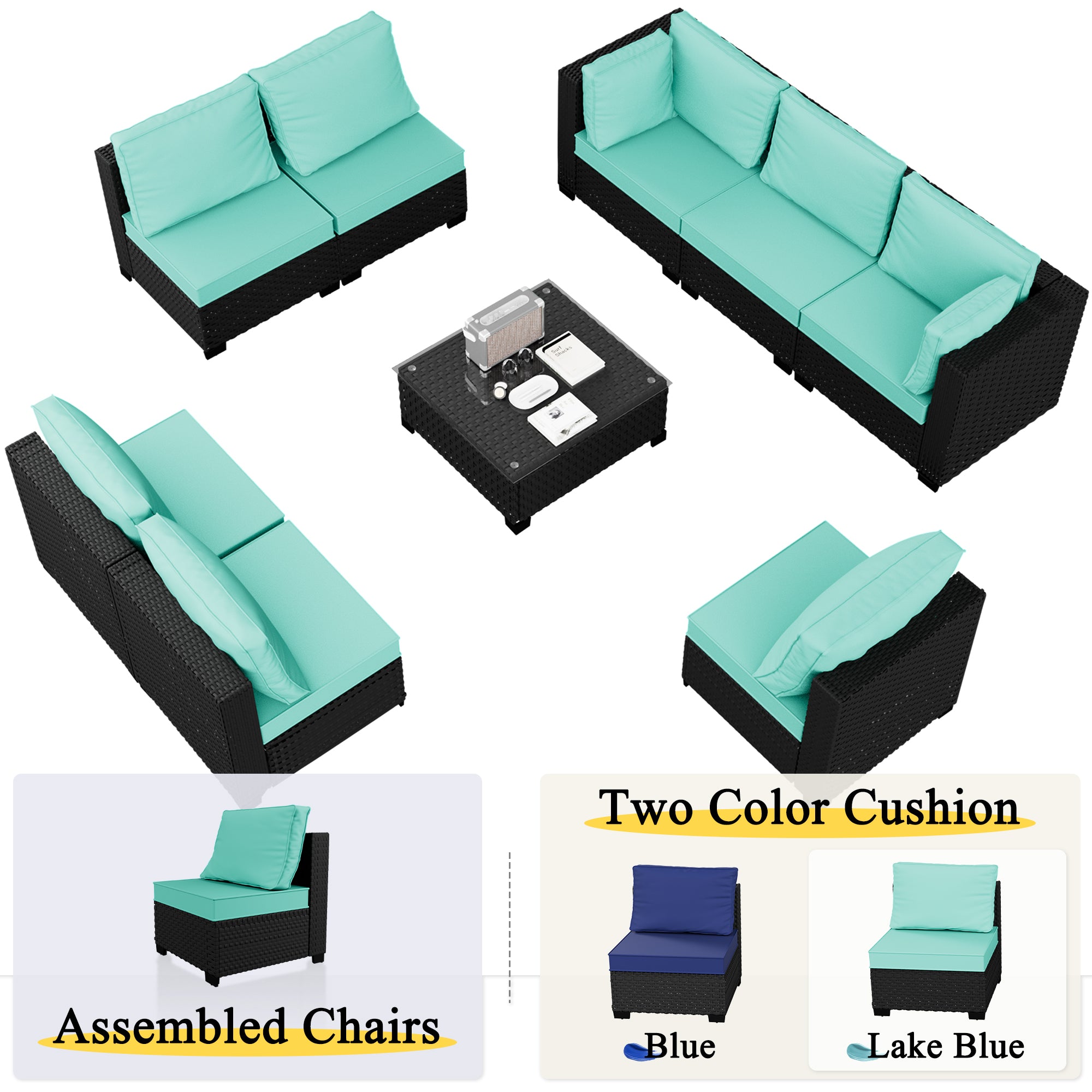 Ark Design 9-Piece Rattan Wicker Outdoor Patio Conversation SofaSeating Set with Coffee Table, Green Cushions with Sofa Protection Cover Option