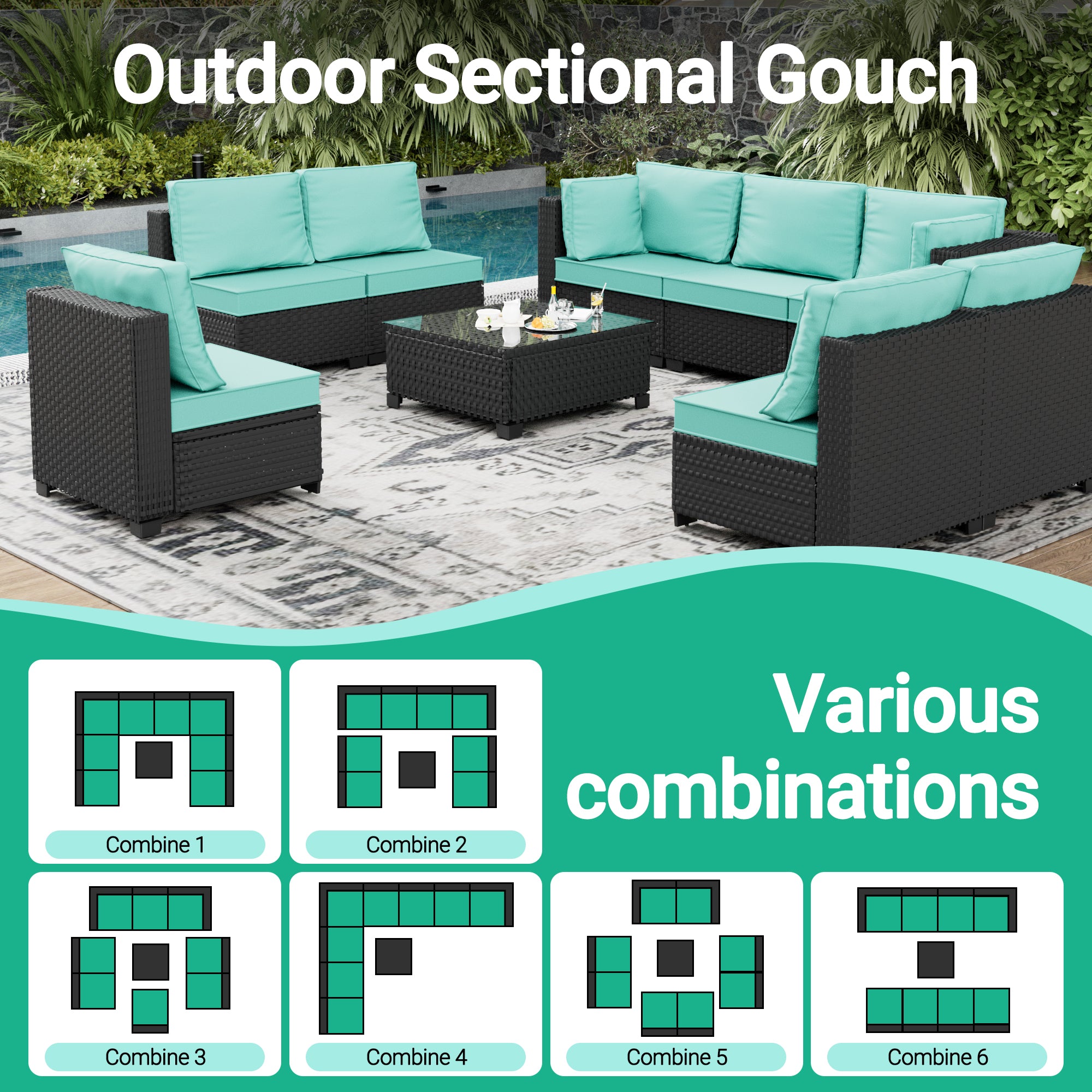 Ark Design 9-Piece Rattan Wicker Outdoor Patio Conversation SofaSeating Set with Coffee Table, Green Cushions with Sofa Protection Cover Option