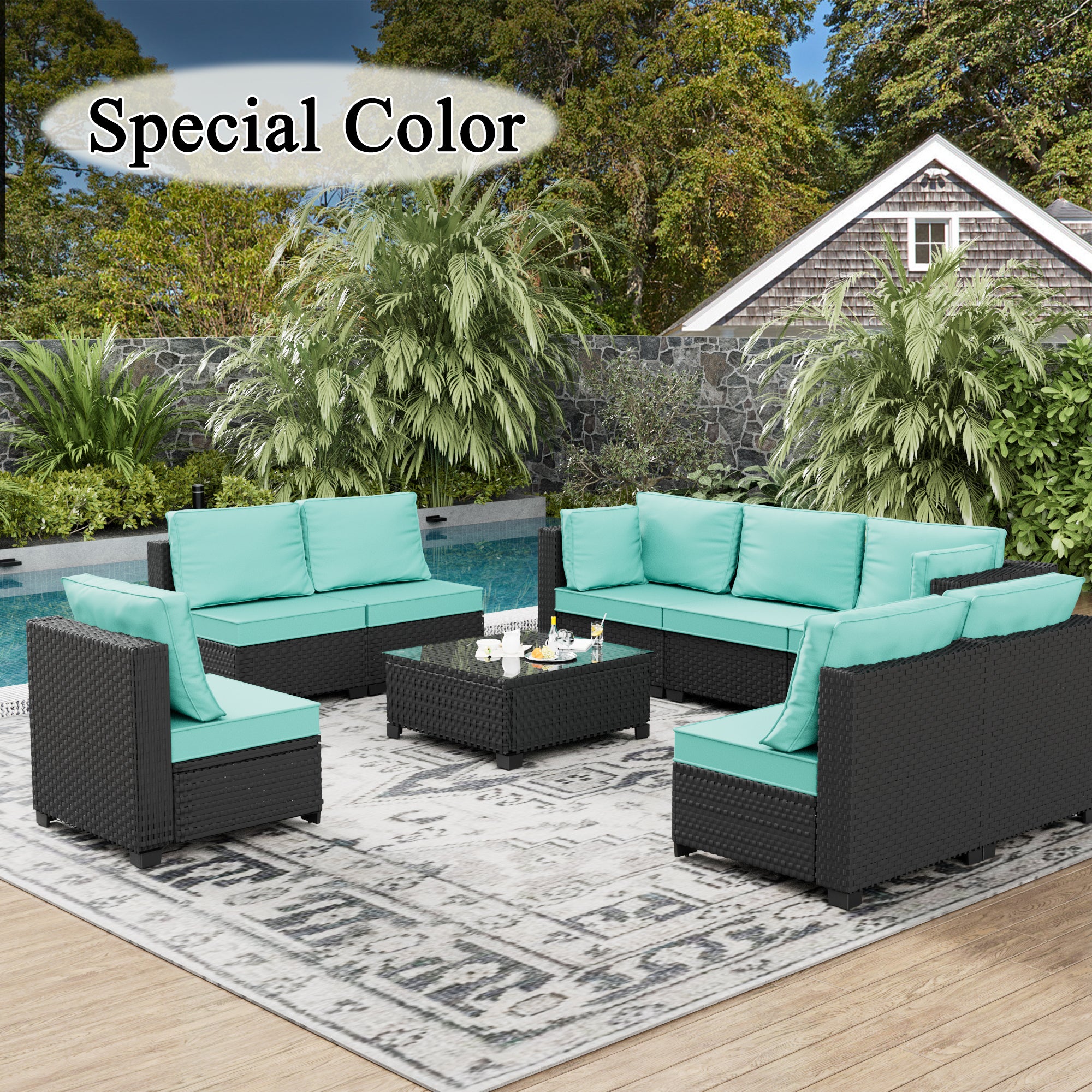 Ark Design 9-Piece Rattan Wicker Outdoor Patio Conversation SofaSeating Set with Coffee Table, Green Cushions with Sofa Protection Cover Option
