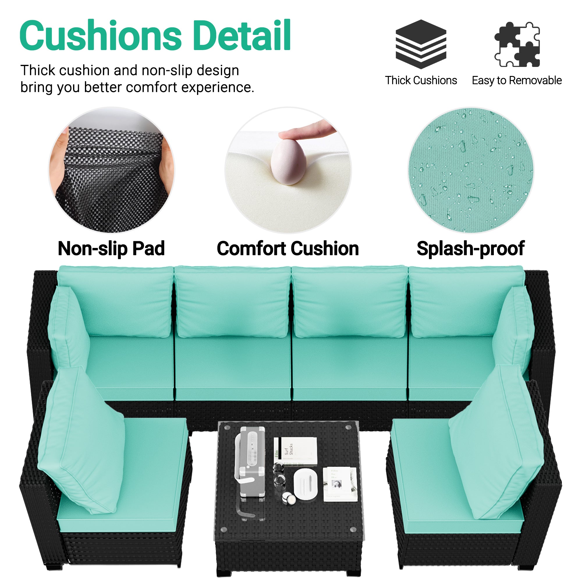 Ark Design 3-Piece Rattan Wicker Outdoor Patio Conversation SofaSeating Set with Coffee Table, Green Cushions with Sofa Protection Cover Option