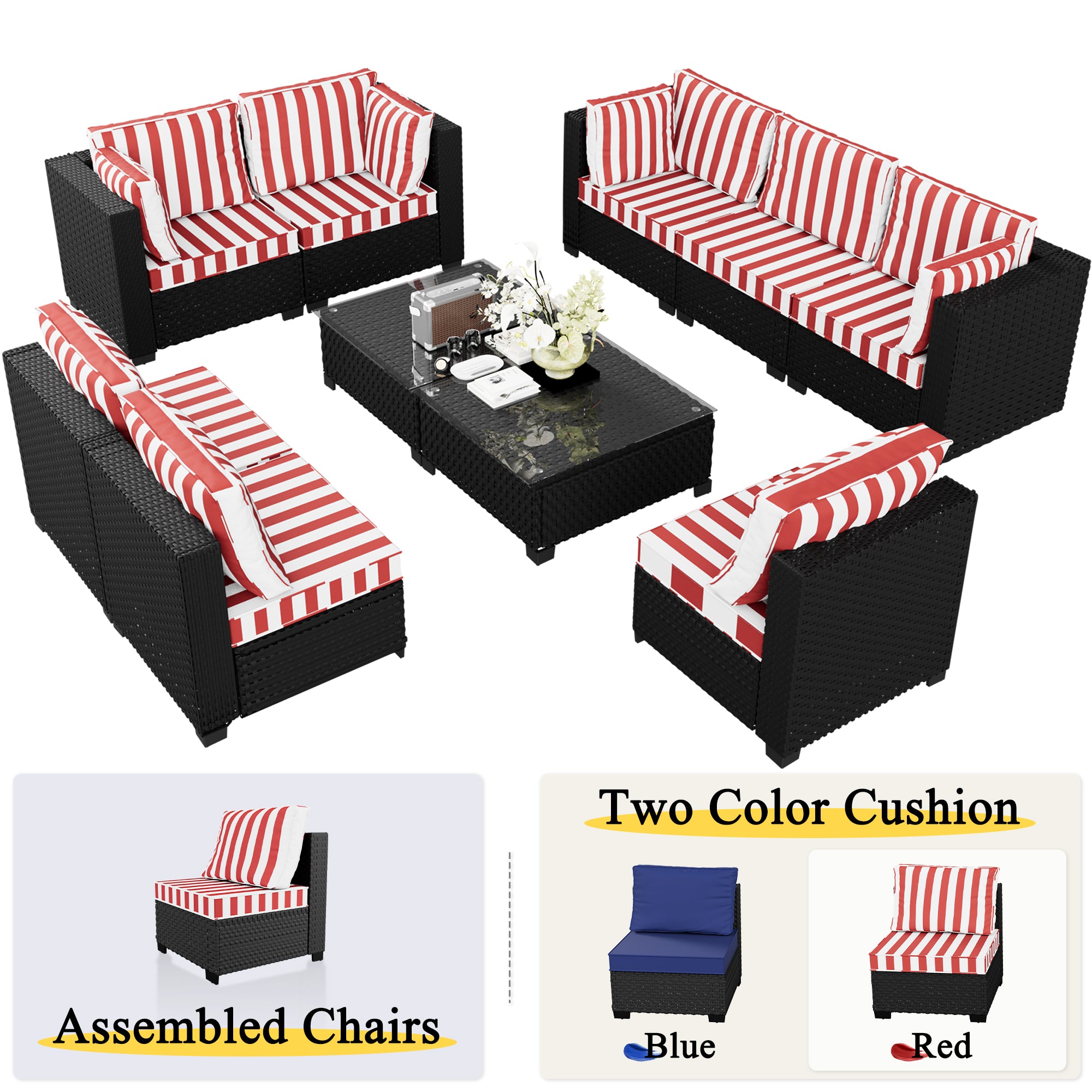 Ark Design 10-Piece Rattan Wicker Outdoor Patio Conversation SofaSeating Set with Coffee Table, Stripe Red Cushions with Sofa Protection Cover Option