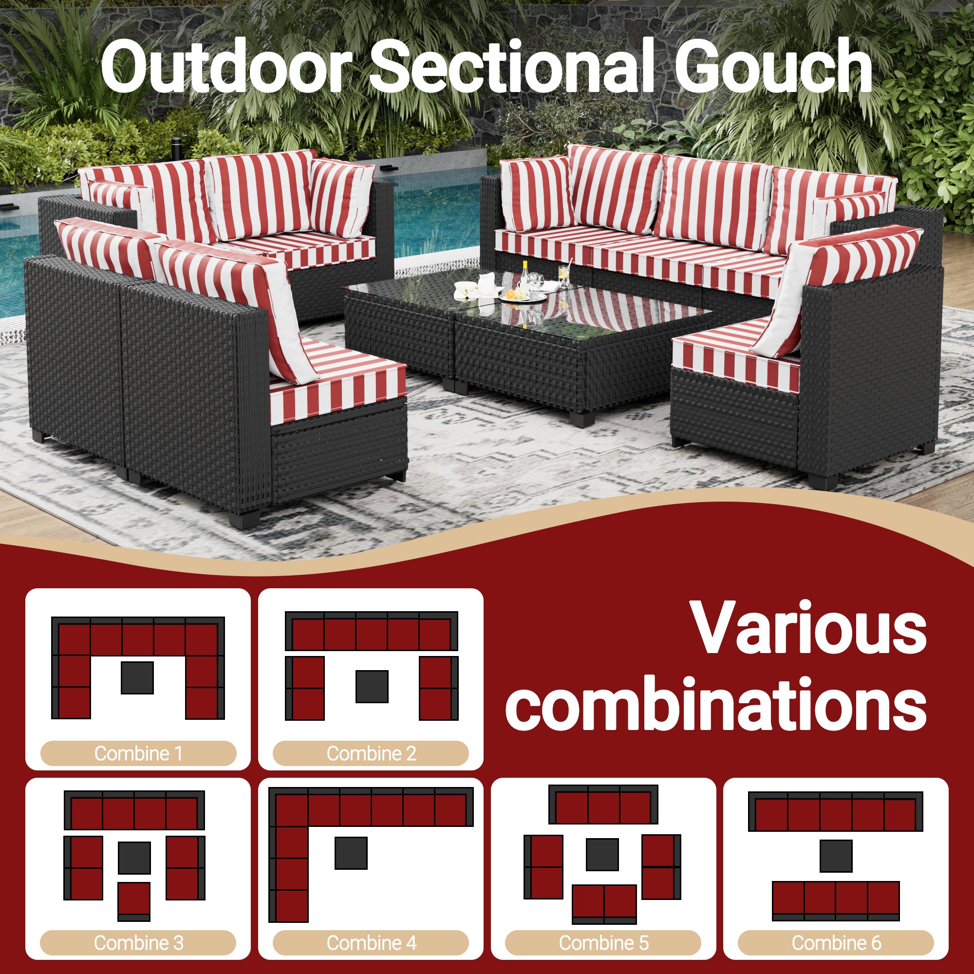 Ark Design 10-Piece Rattan Wicker Outdoor Patio Conversation SofaSeating Set with Coffee Table, Stripe Red Cushions with Sofa Protection Cover Option