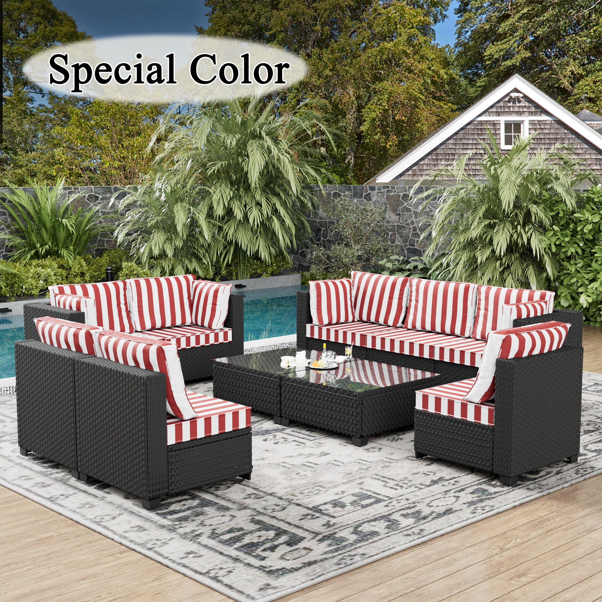 Ark Design 10-Piece Rattan Wicker Outdoor Patio Conversation SofaSeating Set with Coffee Table, Stripe Red Cushions with Sofa Protection Cover Option