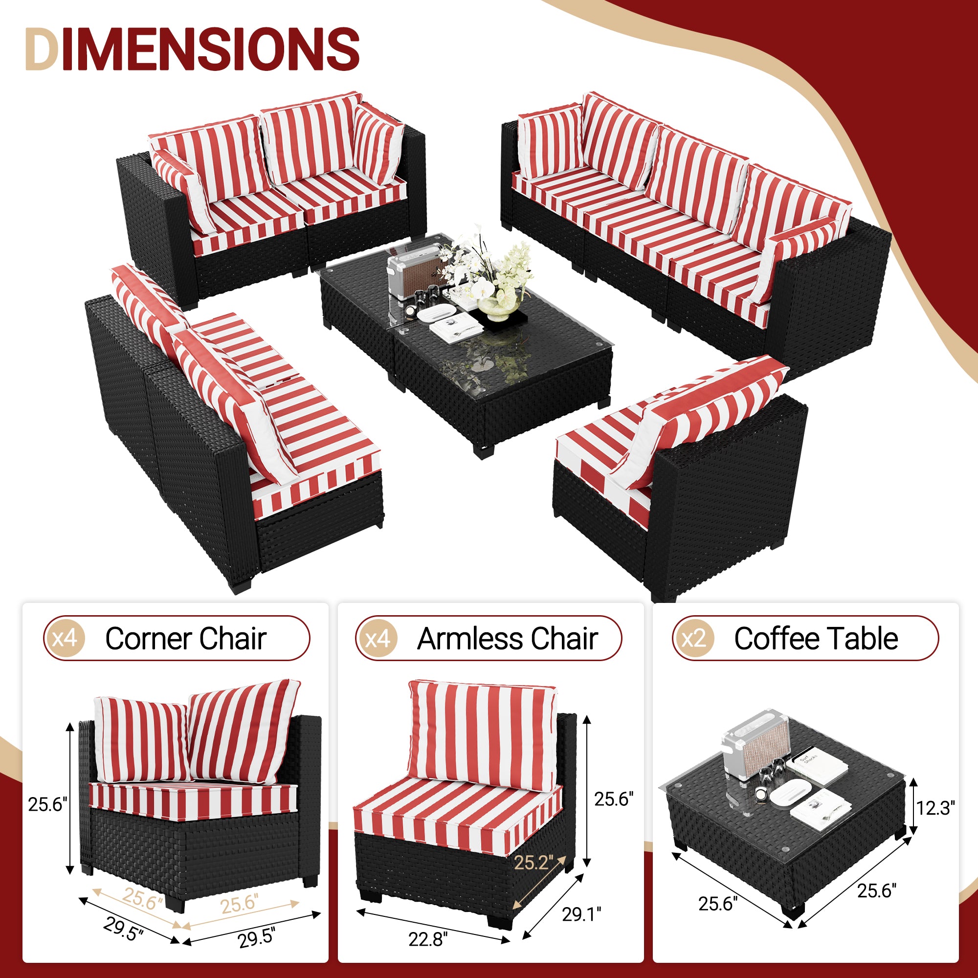 Ark Design 10-Piece Rattan Wicker Outdoor Patio Conversation SofaSeating Set with Coffee Table, Stripe Red Cushions with Sofa Protection Cover Option