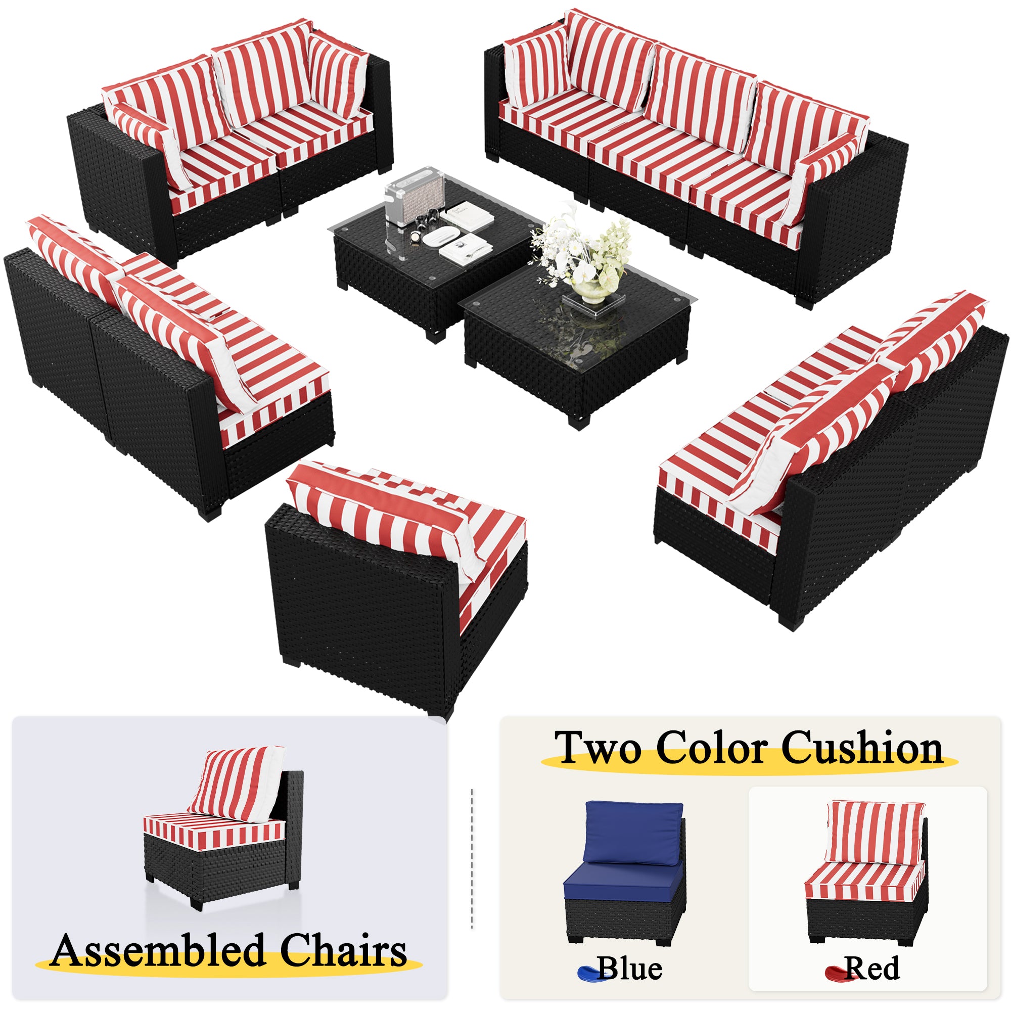 Ark Design 12-Piece Rattan Wicker Outdoor Patio Conversation SofaSeating Set with Coffee Table, Stripe Red Cushions with Sofa Protection Cover Option