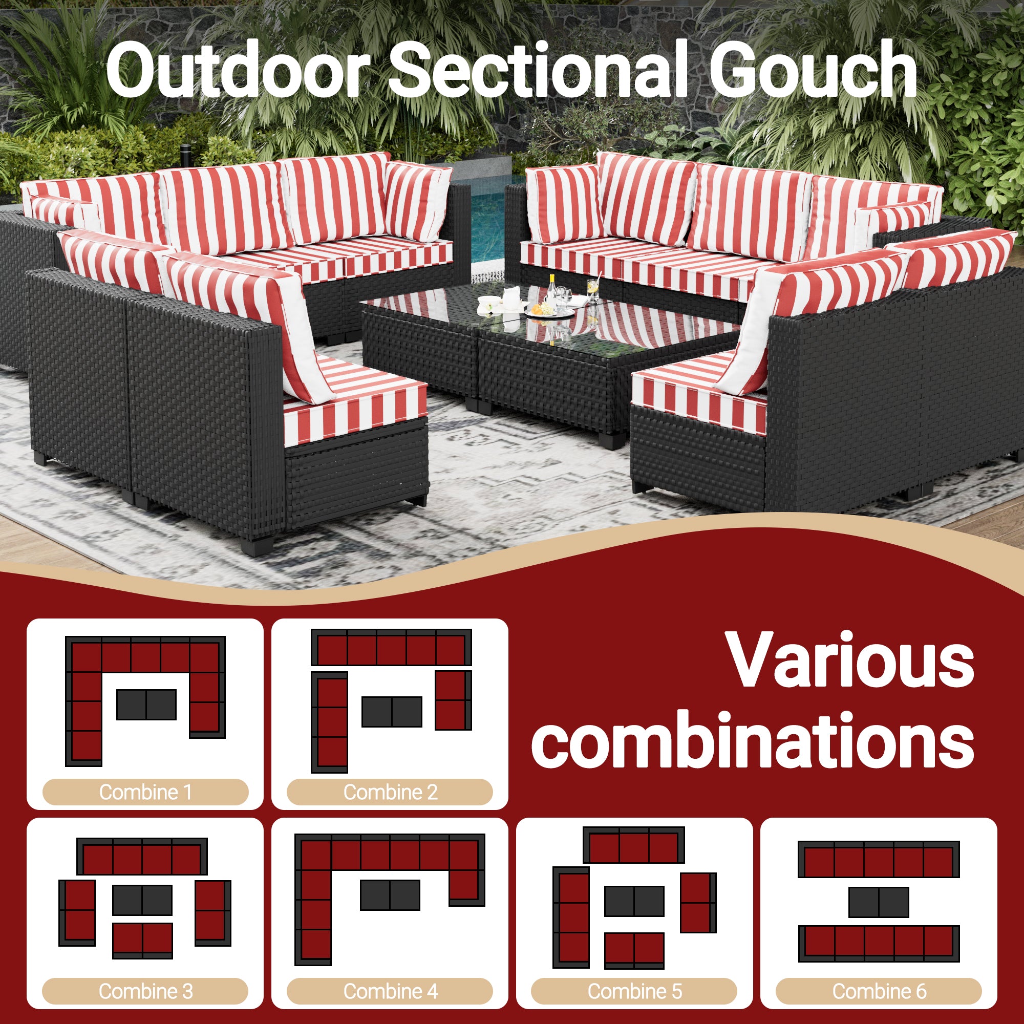 Ark Design 2-Piece Rattan Wicker Outdoor Patio Conversation SofaSeating Set, Stripe Red Cushions with Sofa Protection Cover Option