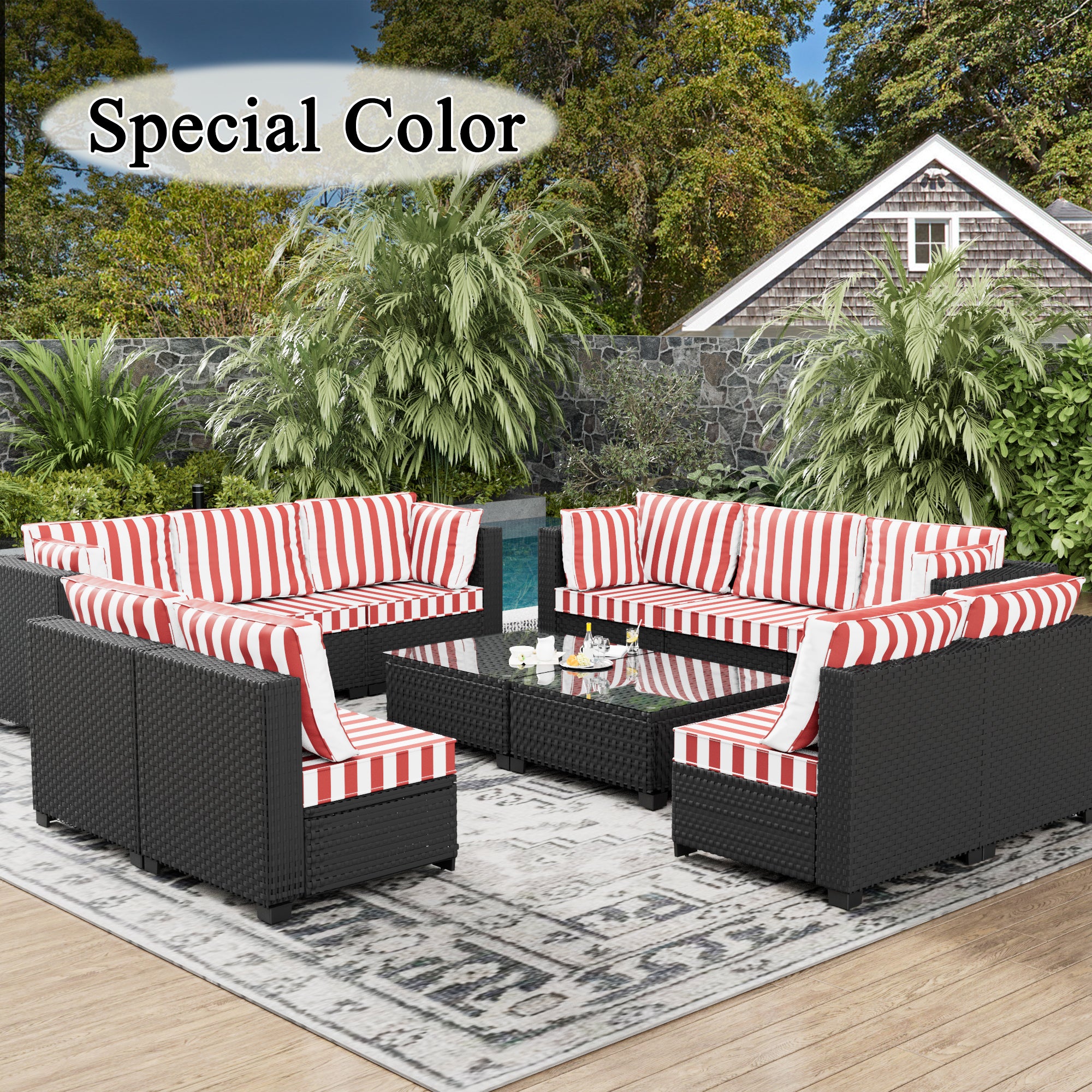 Ark Design 12-Piece Rattan Wicker Outdoor Patio Conversation SofaSeating Set with Coffee Table, Stripe Red Cushions with Sofa Protection Cover Option