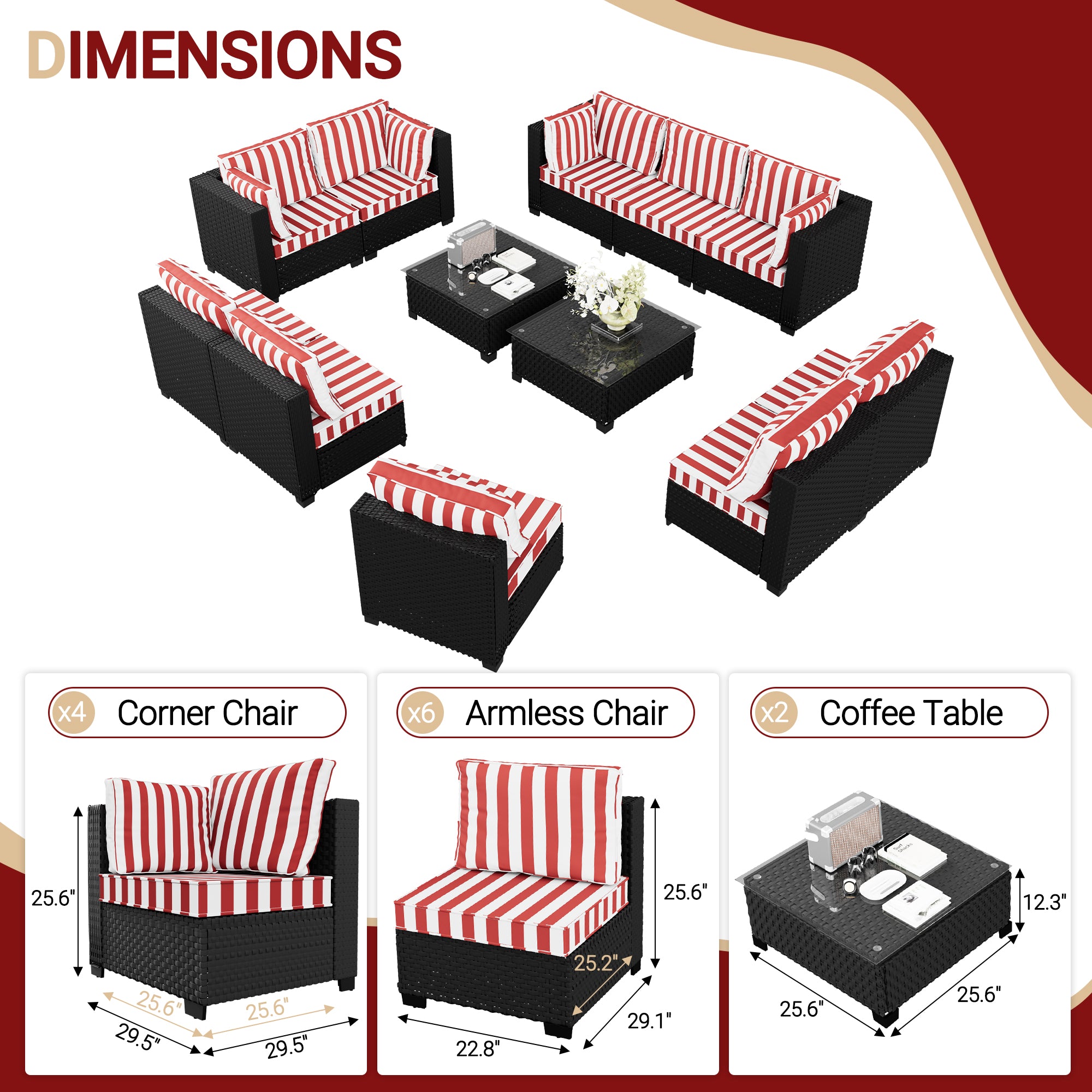 Ark Design 12-Piece Rattan Wicker Outdoor Patio Conversation SofaSeating Set with Coffee Table, Stripe Red Cushions with Sofa Protection Cover Option