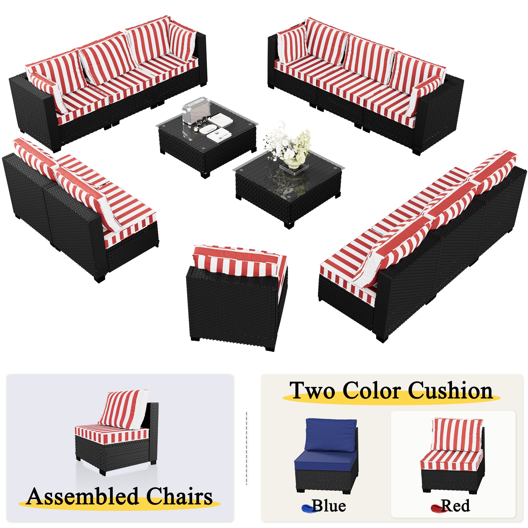 Ark Design 14-Piece Rattan Wicker Outdoor Patio Conversation SofaSeating Set with Coffee Table, Stripe Red Cushions with Sofa Protection Cover Option