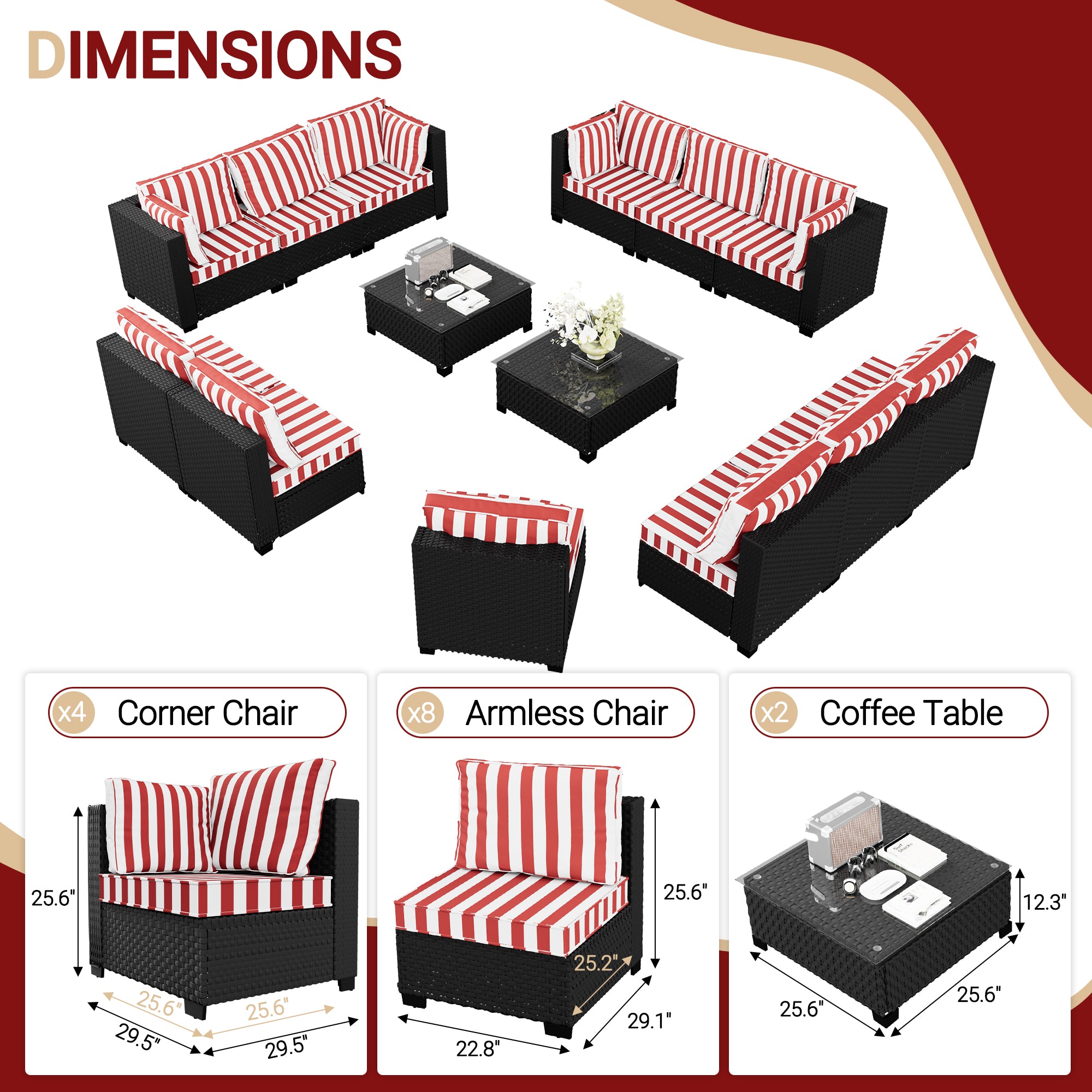 Ark Design 14-Piece Rattan Wicker Outdoor Patio Conversation SofaSeating Set with Coffee Table, Stripe Red Cushions with Sofa Protection Cover Option