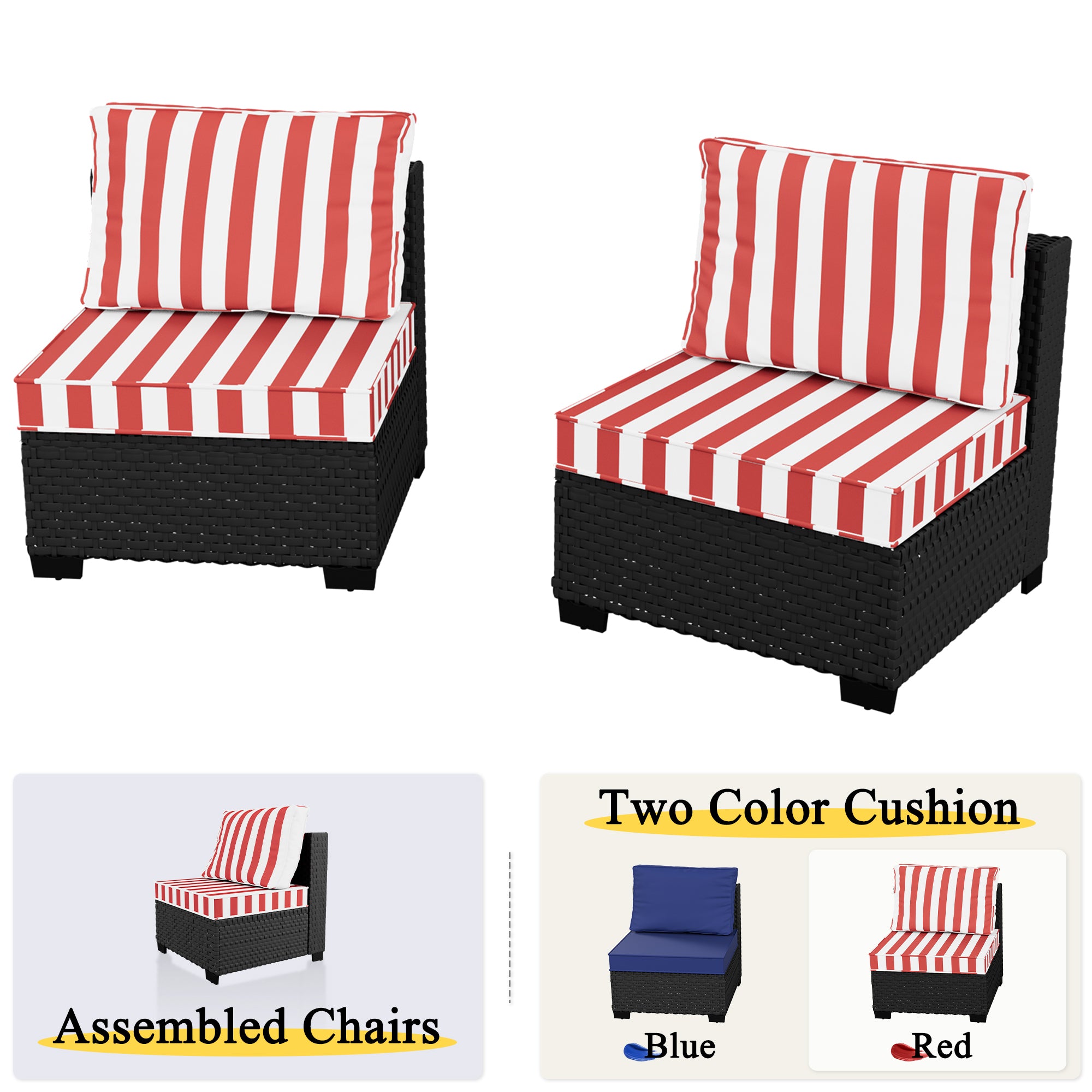 Ark Design 2-Piece Rattan Wicker Outdoor Patio Conversation SofaSeating Set, Stripe Red Cushions with Sofa Protection Cover Option
