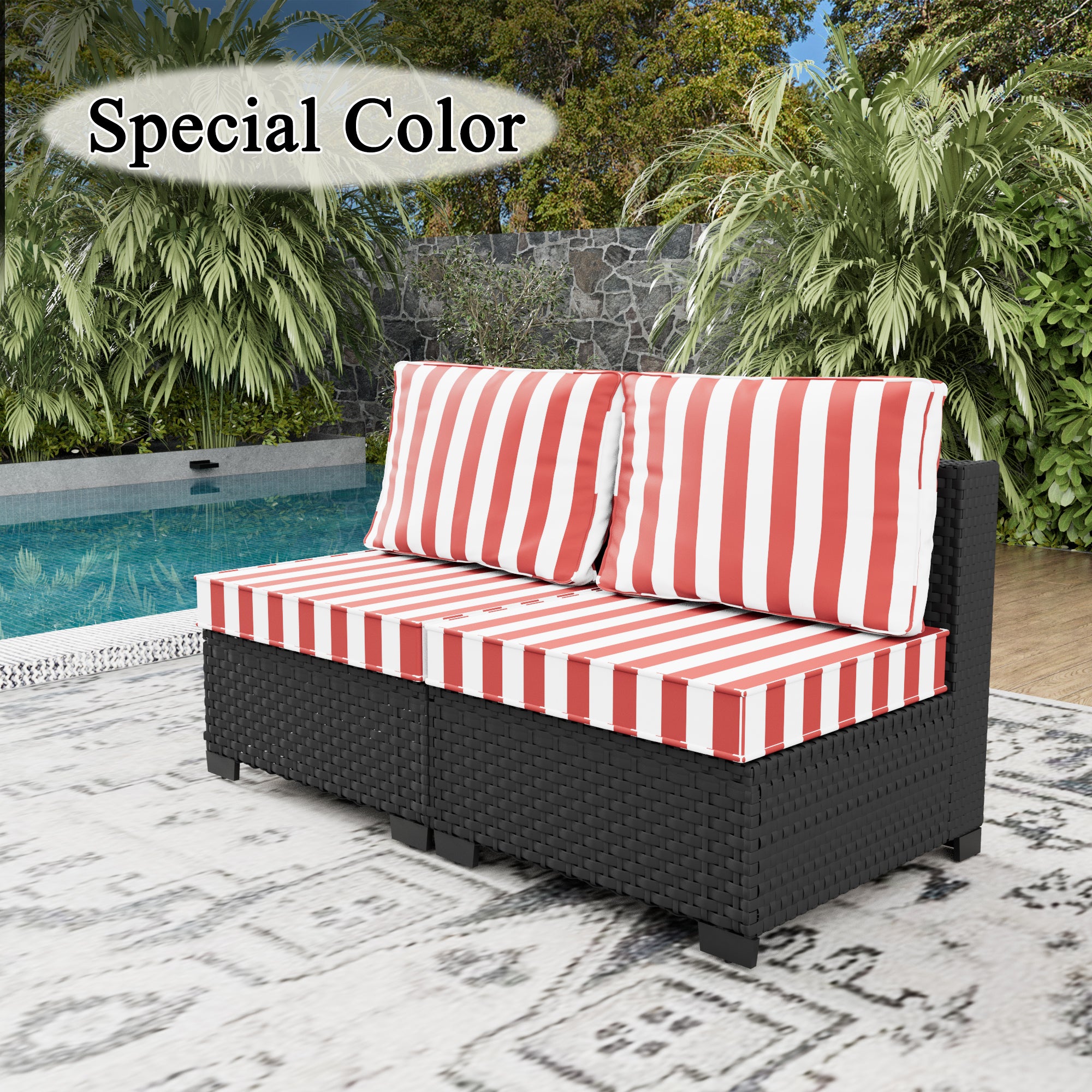 Ark Design 2-Piece Rattan Wicker Outdoor Patio Conversation SofaSeating Set, Stripe Red Cushions with Sofa Protection Cover Option