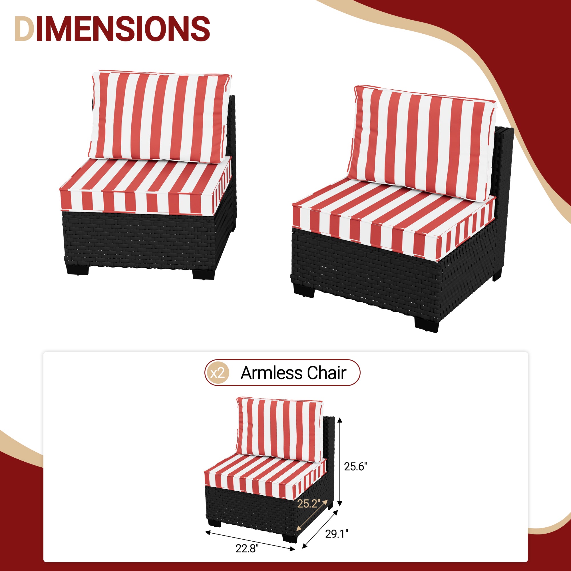 Ark Design 2-Piece Rattan Wicker Outdoor Patio Conversation SofaSeating Set, Stripe Red Cushions with Sofa Protection Cover Option