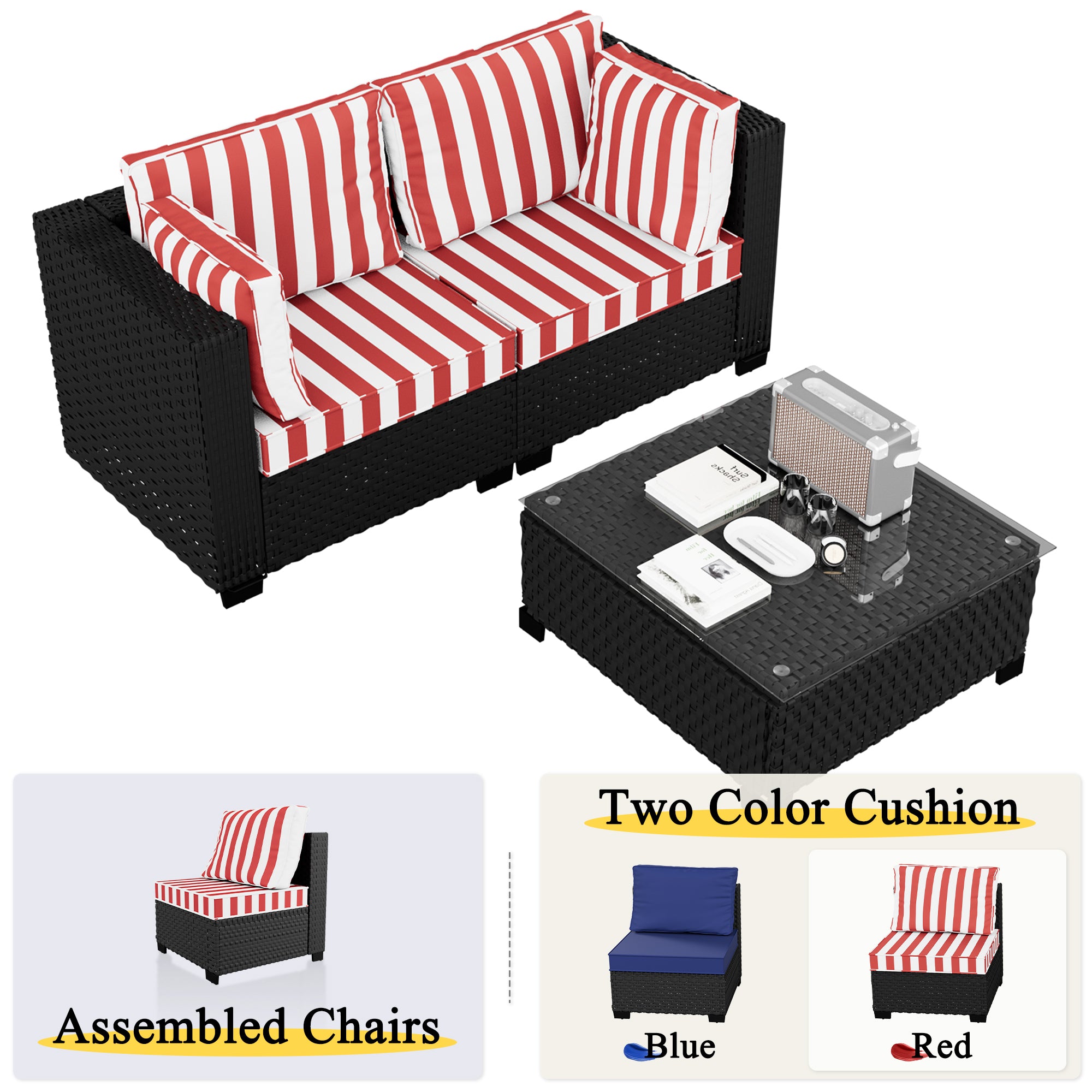 Ark Design 3-Piece Rattan Wicker Outdoor Patio Conversation SofaSeating Set with Coffee Table, Stripe Red Cushions with Sofa Protection Cover Option