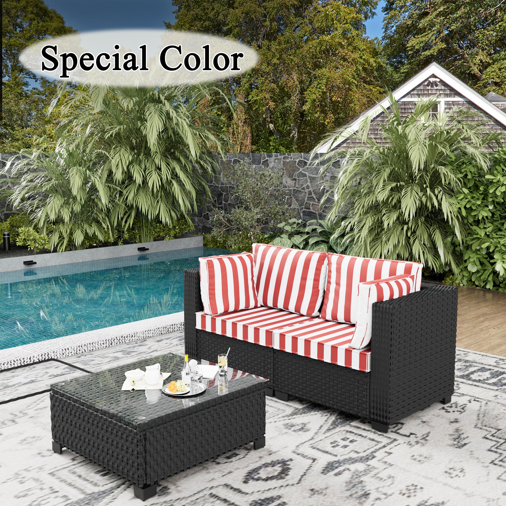 Ark Design 3-Piece Rattan Wicker Outdoor Patio Conversation SofaSeating Set with Coffee Table, Stripe Red Cushions with Sofa Protection Cover Option