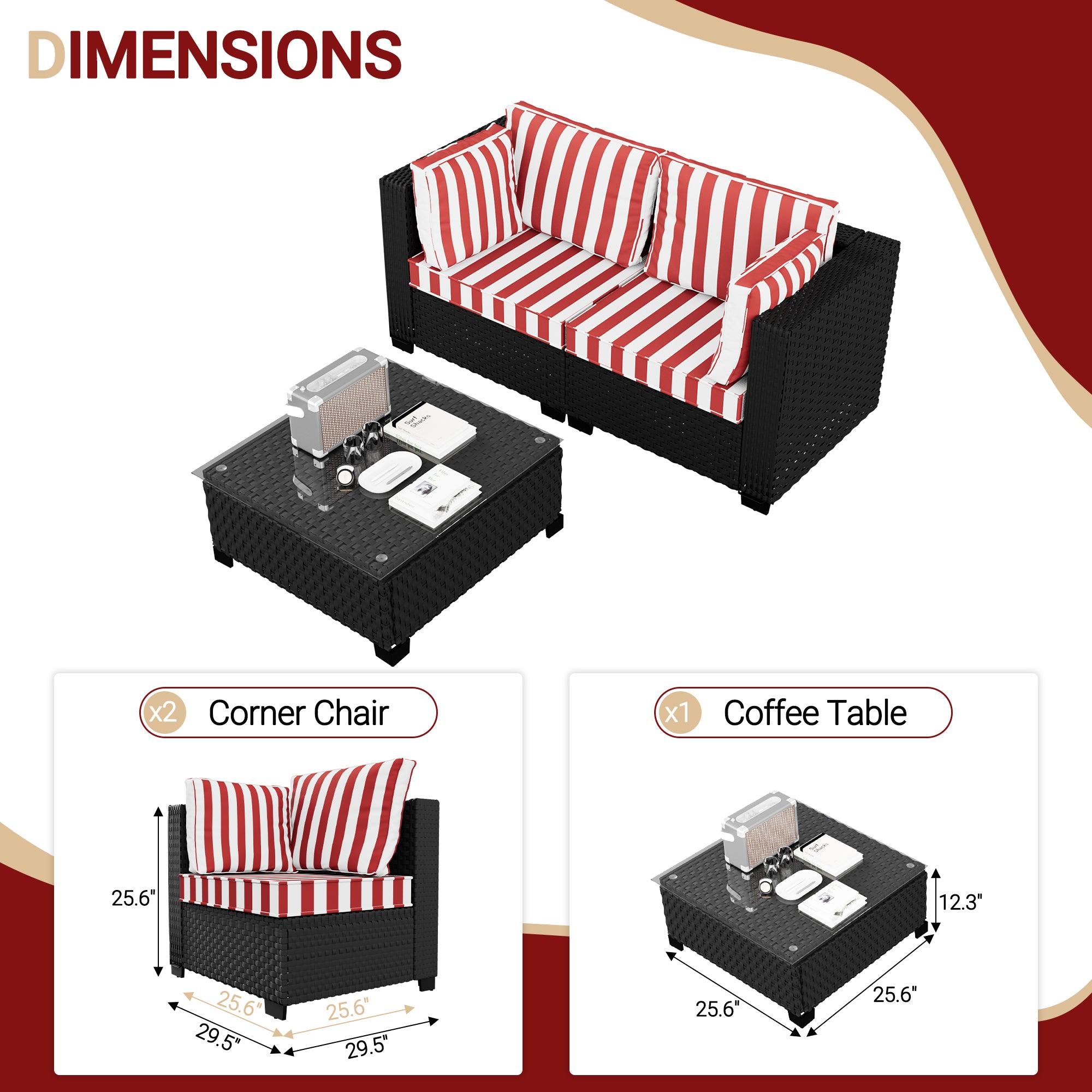 Ark Design 3-Piece Rattan Wicker Outdoor Patio Conversation SofaSeating Set with Coffee Table, Stripe Red Cushions with Sofa Protection Cover Option