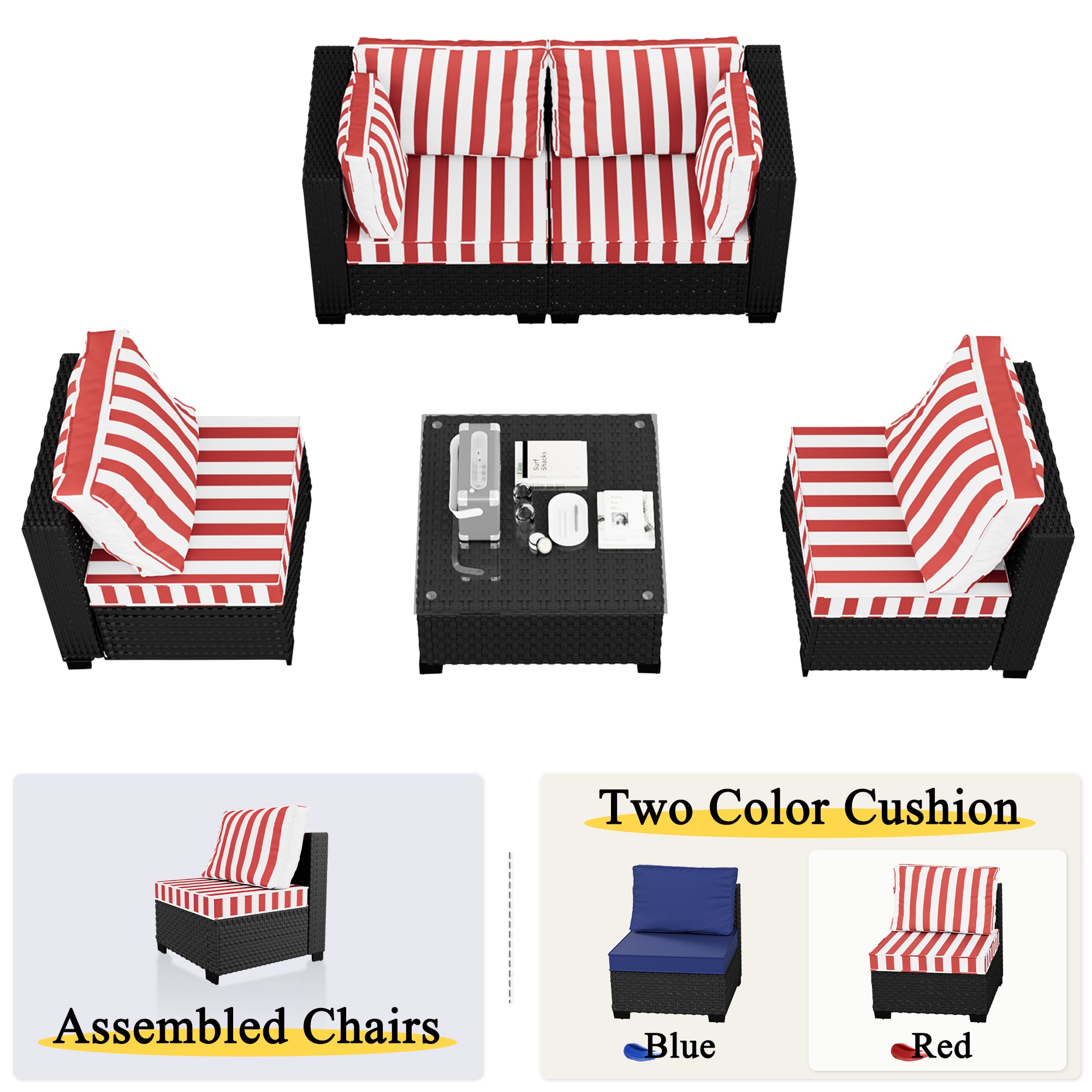 Ark Design 5-Piece Rattan Wicker Outdoor Patio Conversation SofaSeating Set with Coffee Table, Stripe Red Cushions with Sofa Protection Cover Option