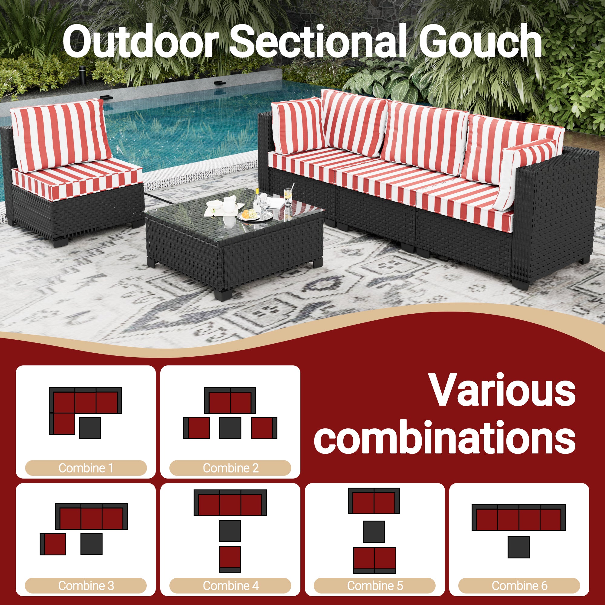 Ark Design 5-Piece Rattan Wicker Outdoor Patio Conversation SofaSeating Set with Coffee Table, Stripe Red Cushions with Sofa Protection Cover Option