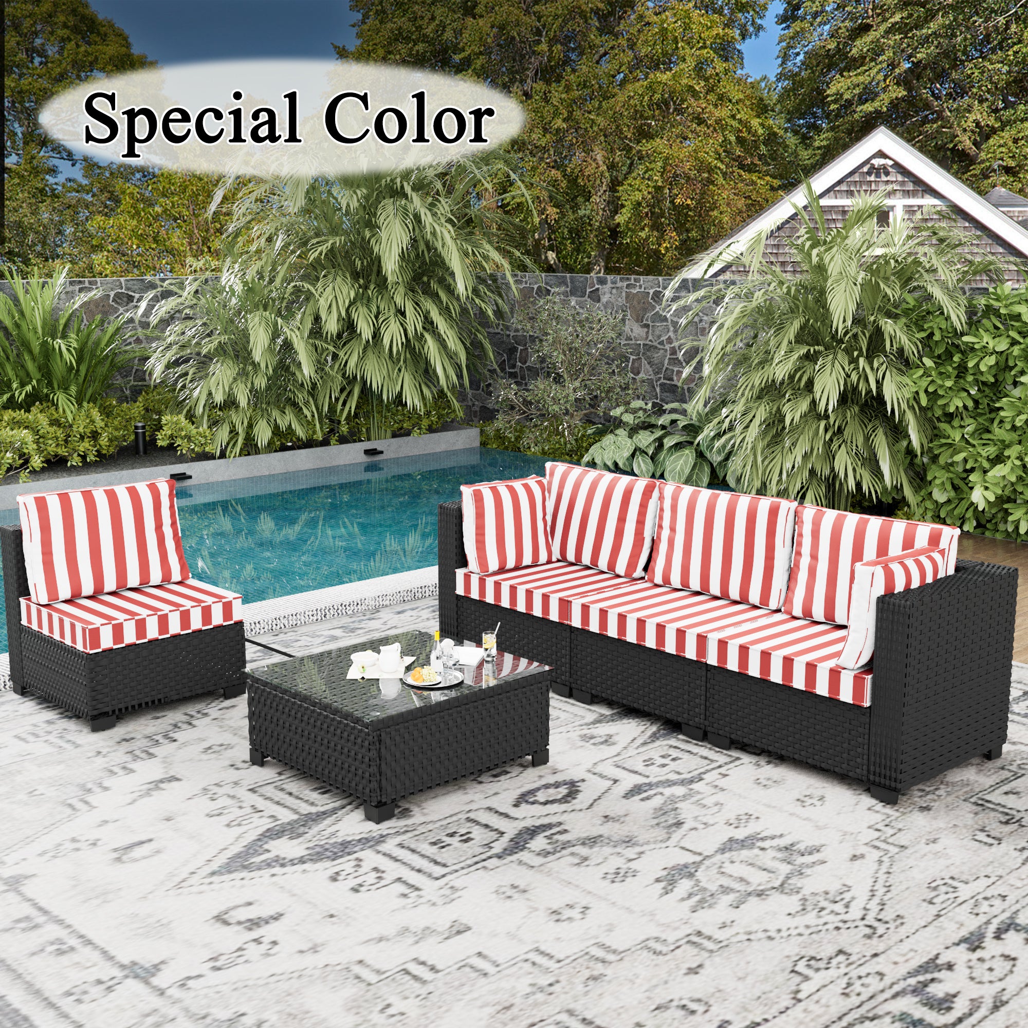Ark Design 5-Piece Rattan Wicker Outdoor Patio Conversation SofaSeating Set with Coffee Table, Stripe Red Cushions with Sofa Protection Cover Option