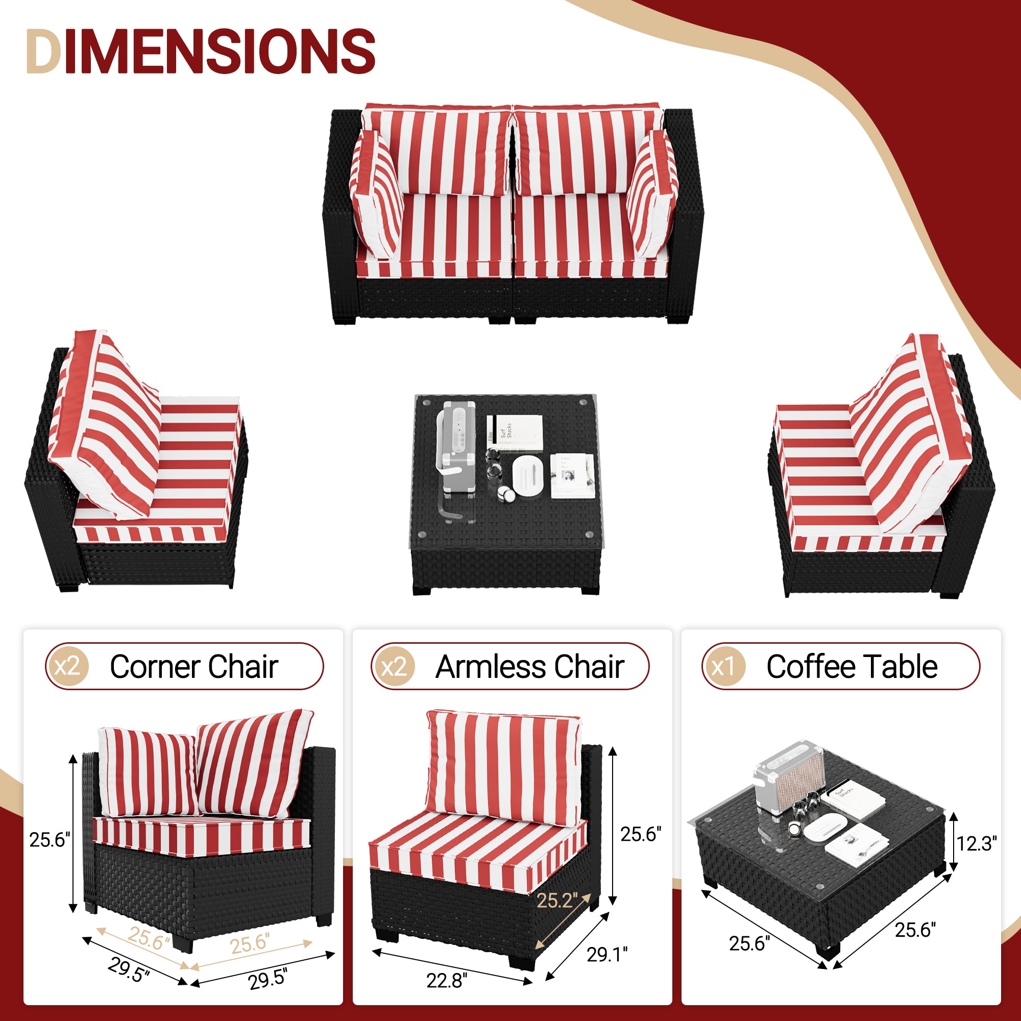 Ark Design 5-Piece Rattan Wicker Outdoor Patio Conversation SofaSeating Set with Coffee Table, Stripe Red Cushions with Sofa Protection Cover Option