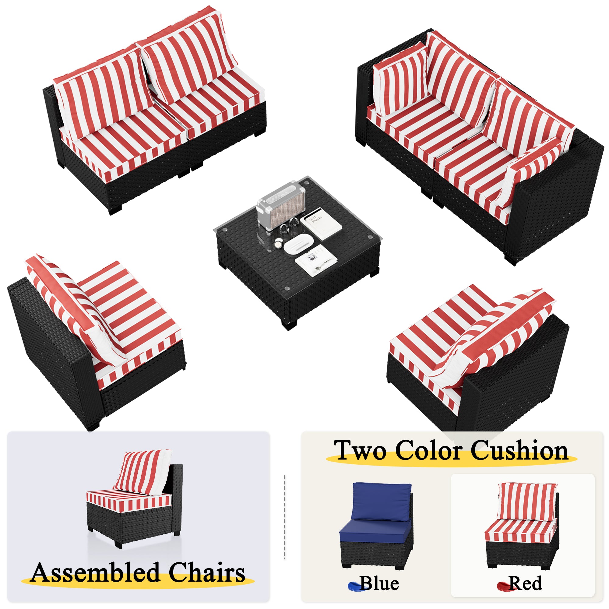 Ark Design 7-Piece Rattan Wicker Outdoor Patio Conversation SofaSeating Set with Coffee Table, Stripe Red Cushions with Sofa Protection Cover Option