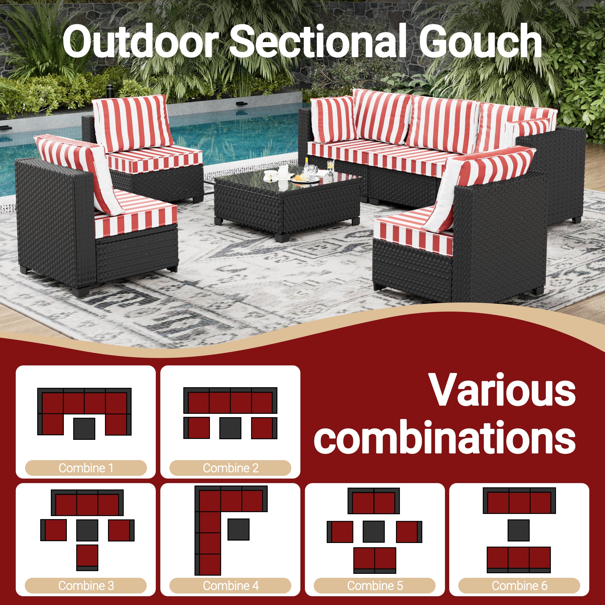 Ark Design 7-Piece Rattan Wicker Outdoor Patio Conversation SofaSeating Set with Coffee Table, Stripe Red Cushions with Sofa Protection Cover Option