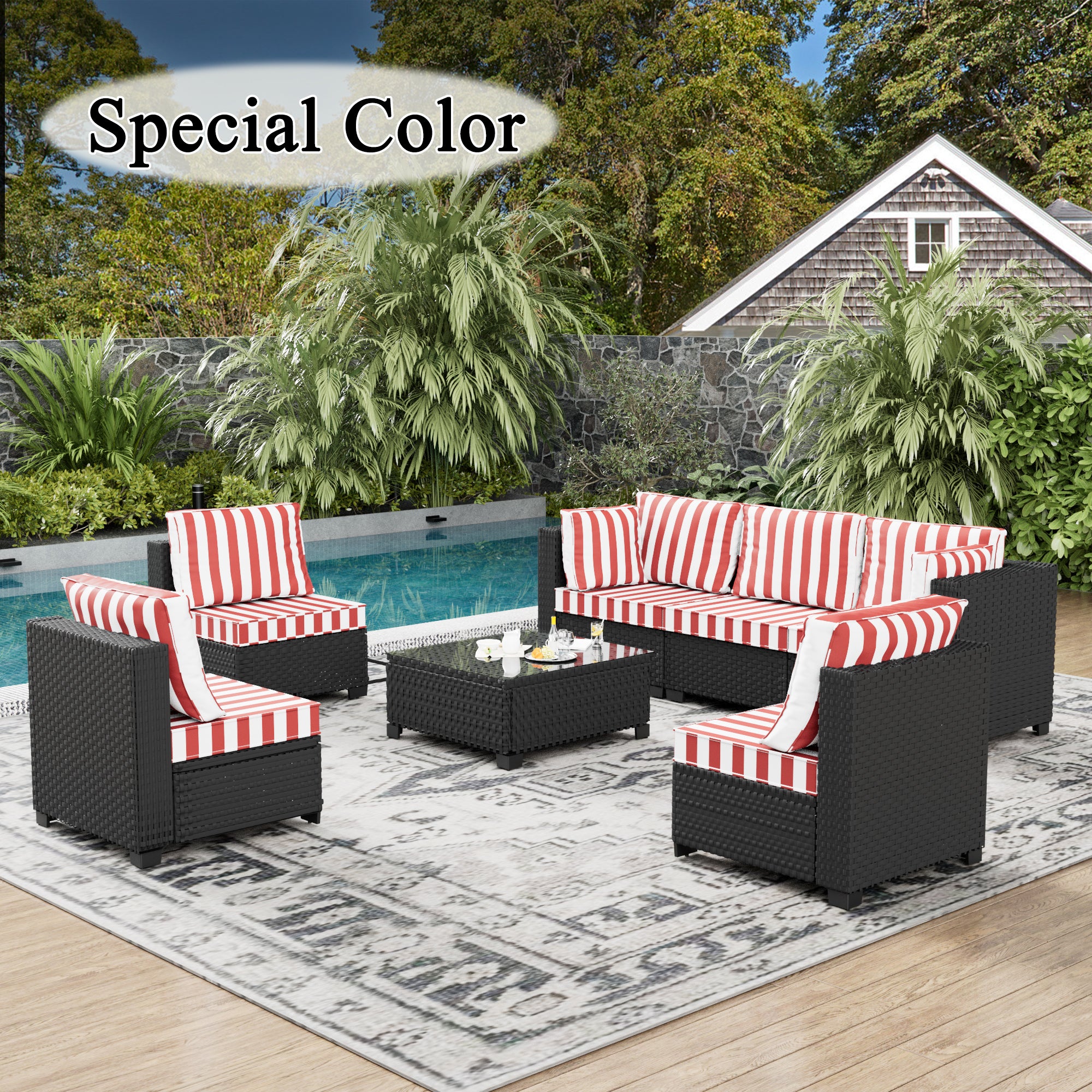 Ark Design 7-Piece Rattan Wicker Outdoor Patio Conversation SofaSeating Set with Coffee Table, Stripe Red Cushions with Sofa Protection Cover Option