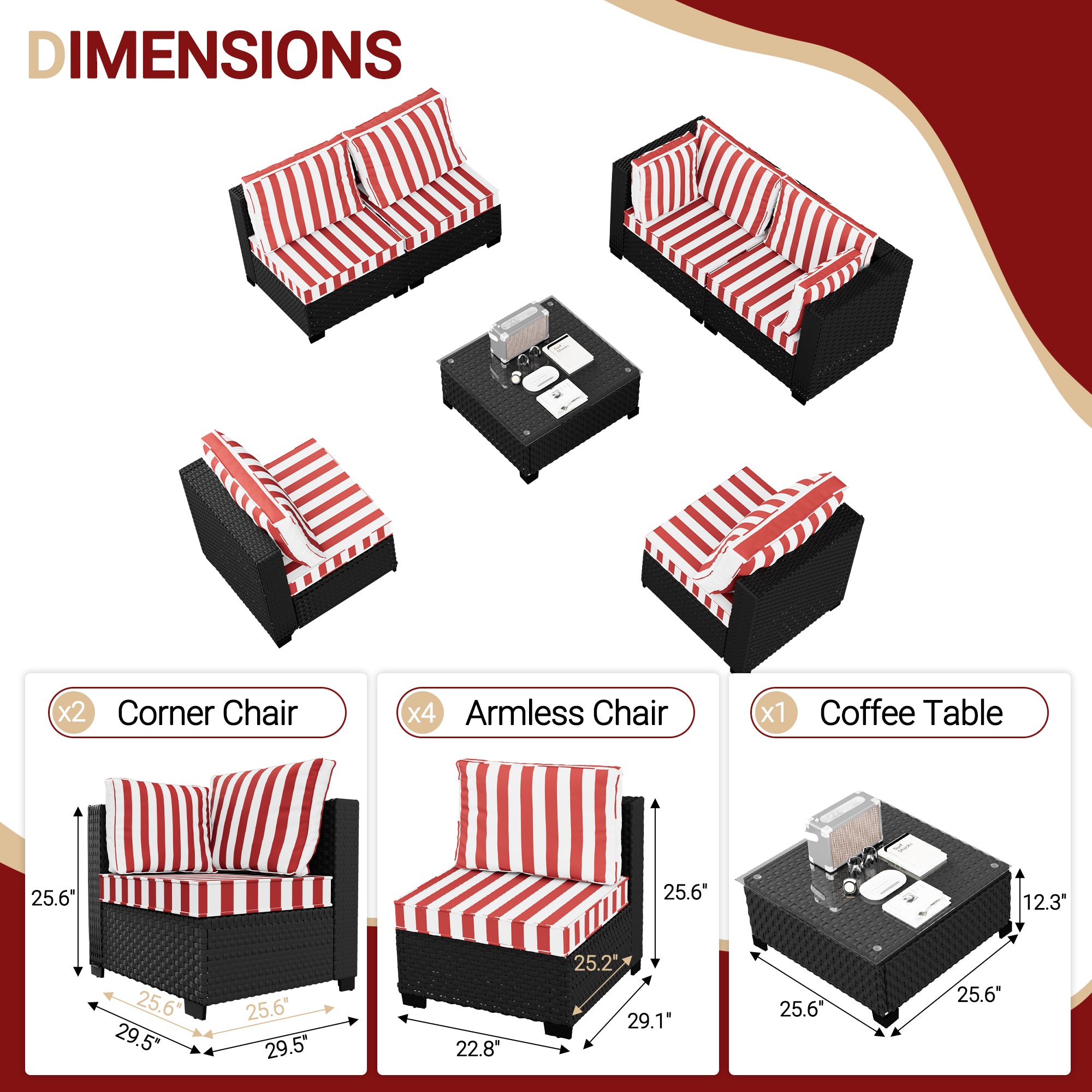 Ark Design 7-Piece Rattan Wicker Outdoor Patio Conversation SofaSeating Set with Coffee Table, Stripe Red Cushions with Sofa Protection Cover Option
