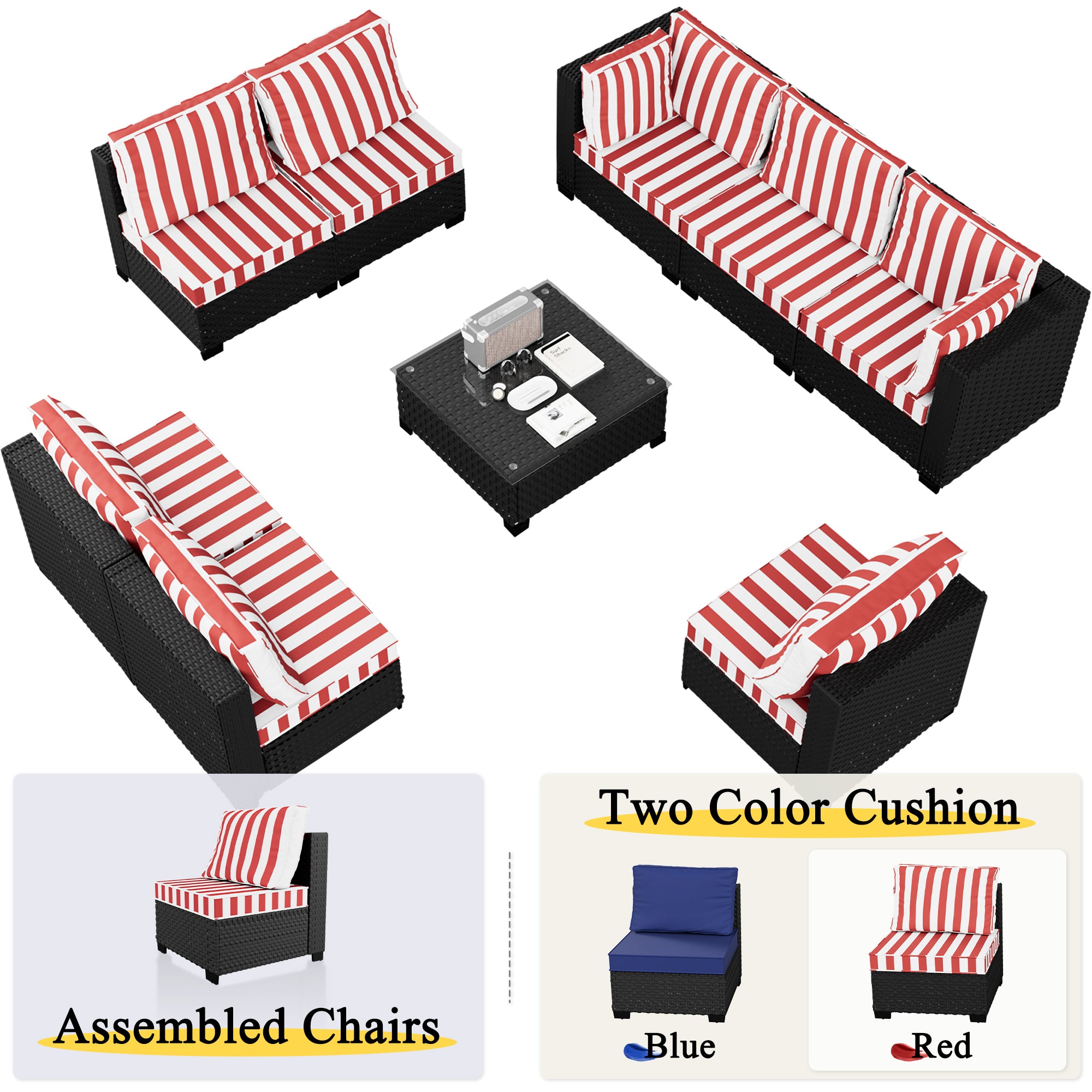 Ark Design 9-Piece Rattan Wicker Outdoor Patio Conversation SofaSeating Set with Coffee Table, Stripe Red Cushions with Sofa Protection Cover Option