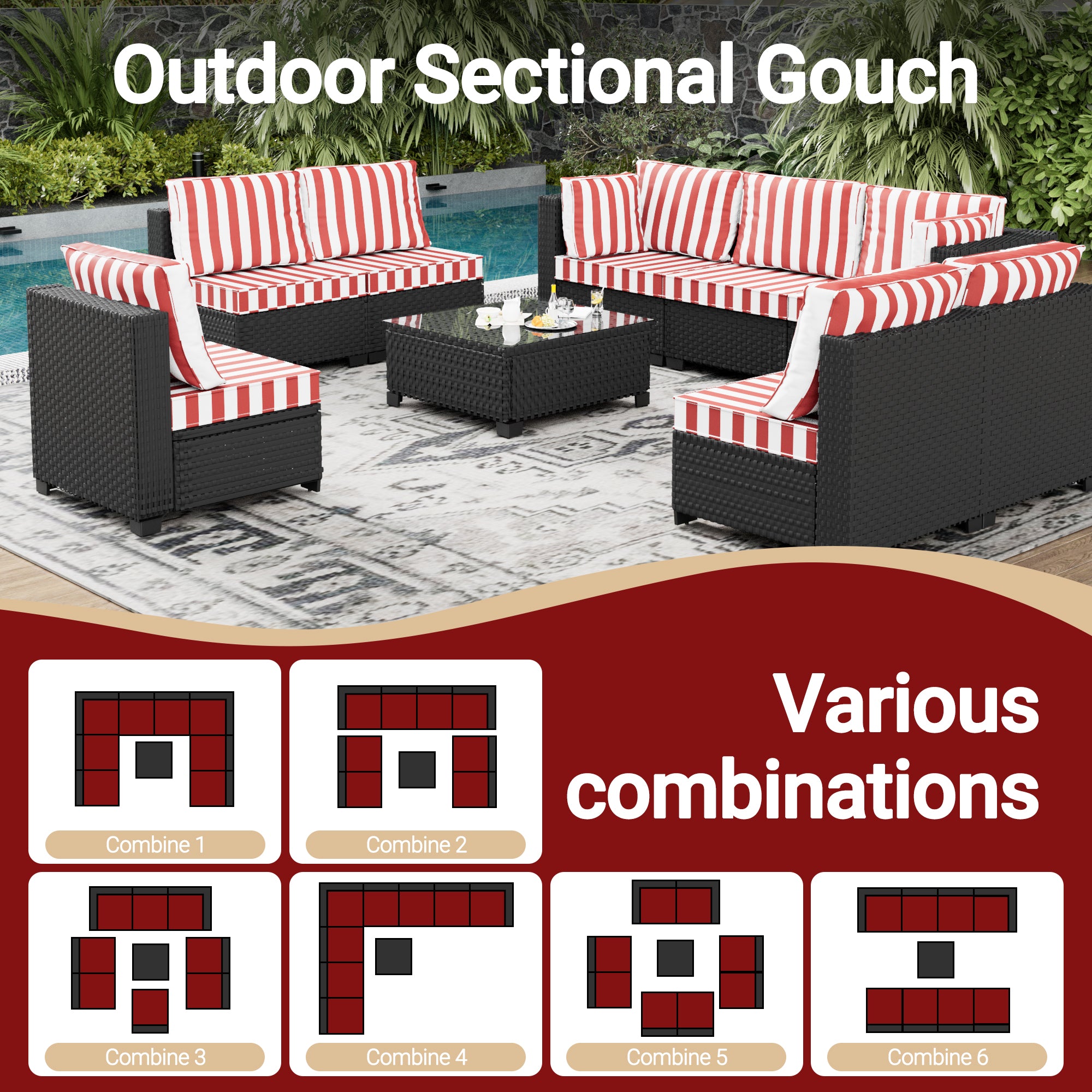 Ark Design 9-Piece Rattan Wicker Outdoor Patio Conversation SofaSeating Set with Coffee Table, Stripe Red Cushions with Sofa Protection Cover Option