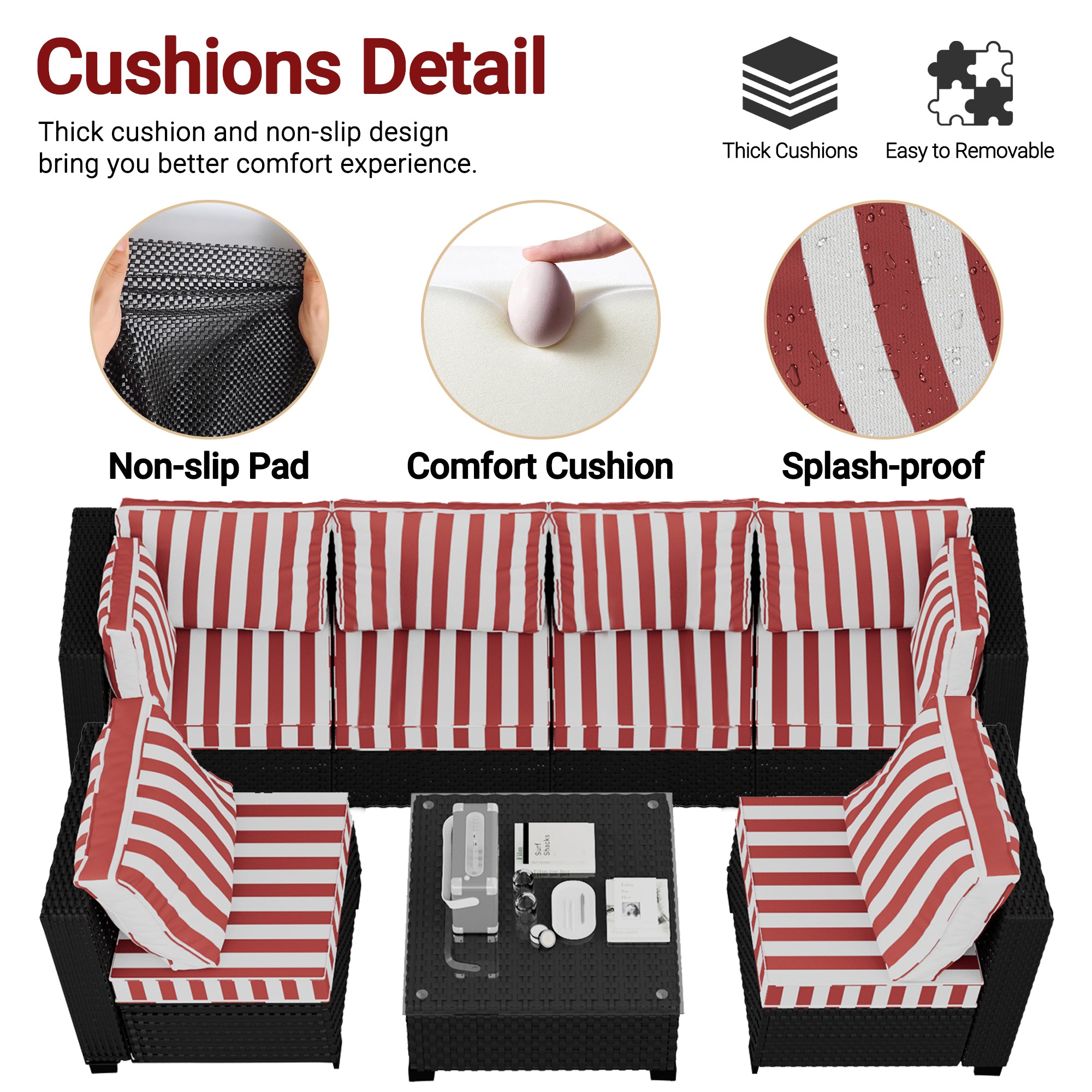 Ark Design 7-Piece Rattan Wicker Outdoor Patio Conversation SofaSeating Set with Coffee Table, Stripe Red Cushions with Sofa Protection Cover Option